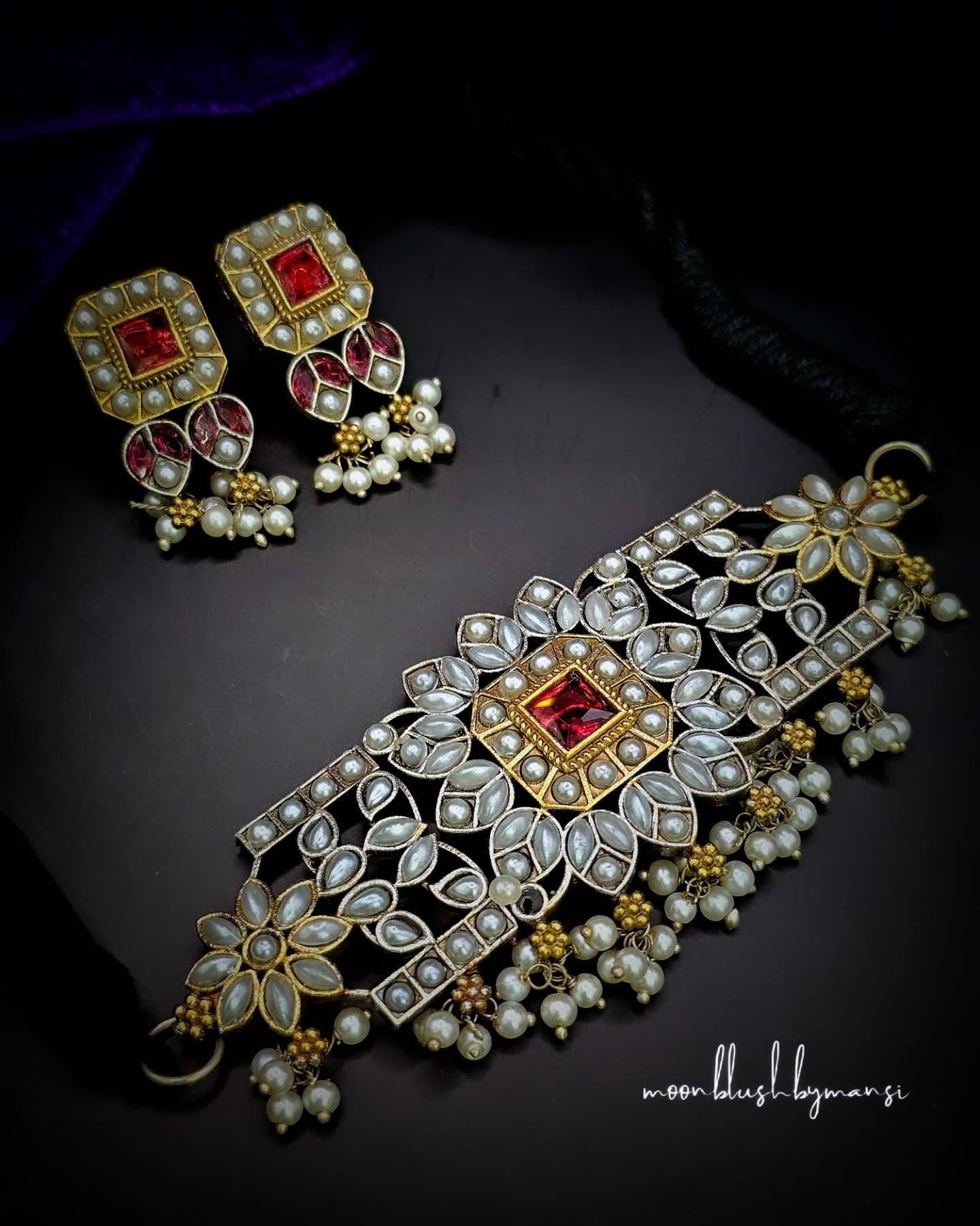 Handcrafted Silver Replica Choker Set: CZ, AD Stones & Pearls
