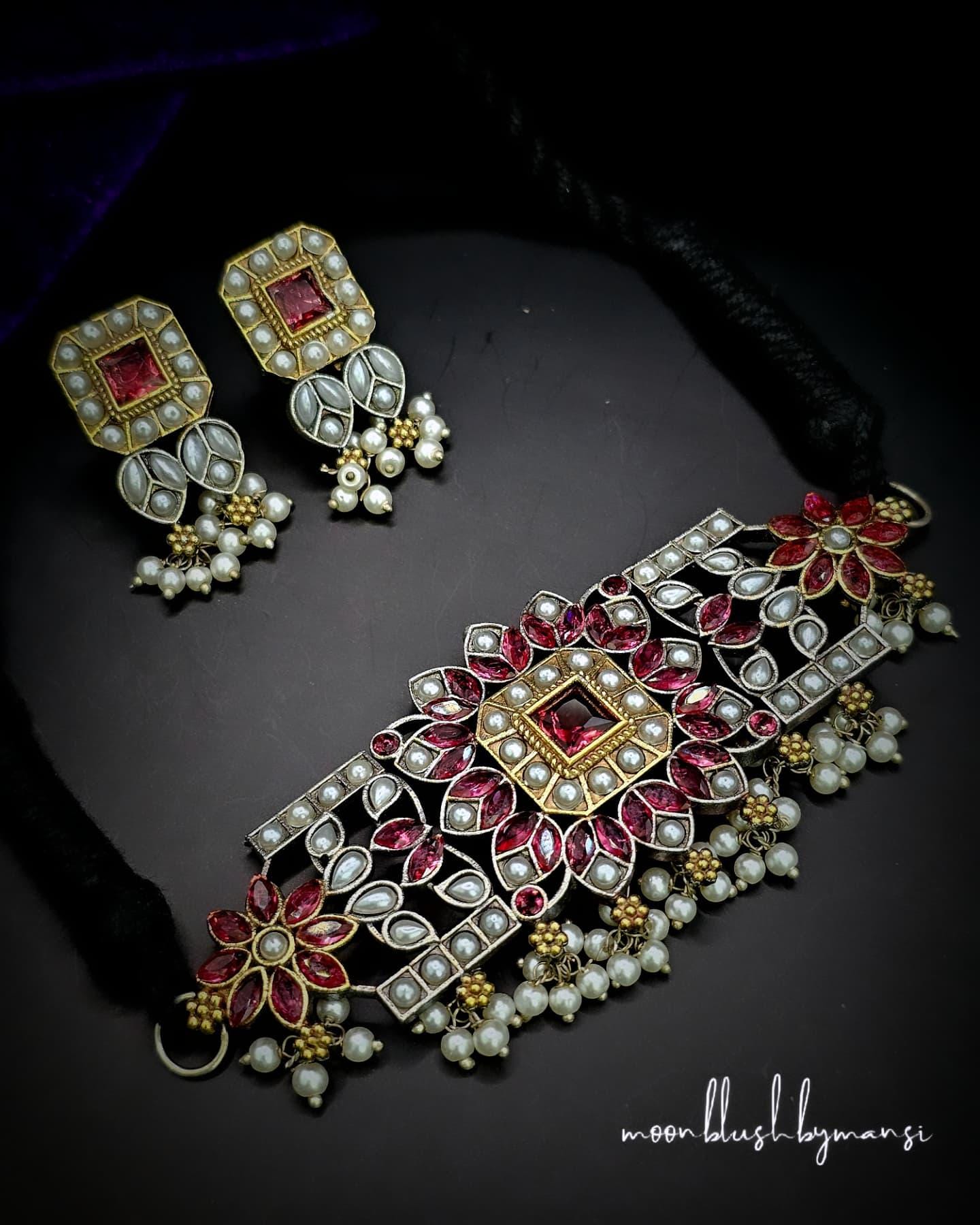 Handcrafted Silver Replica Choker Set: CZ, AD Stones & Pearls
