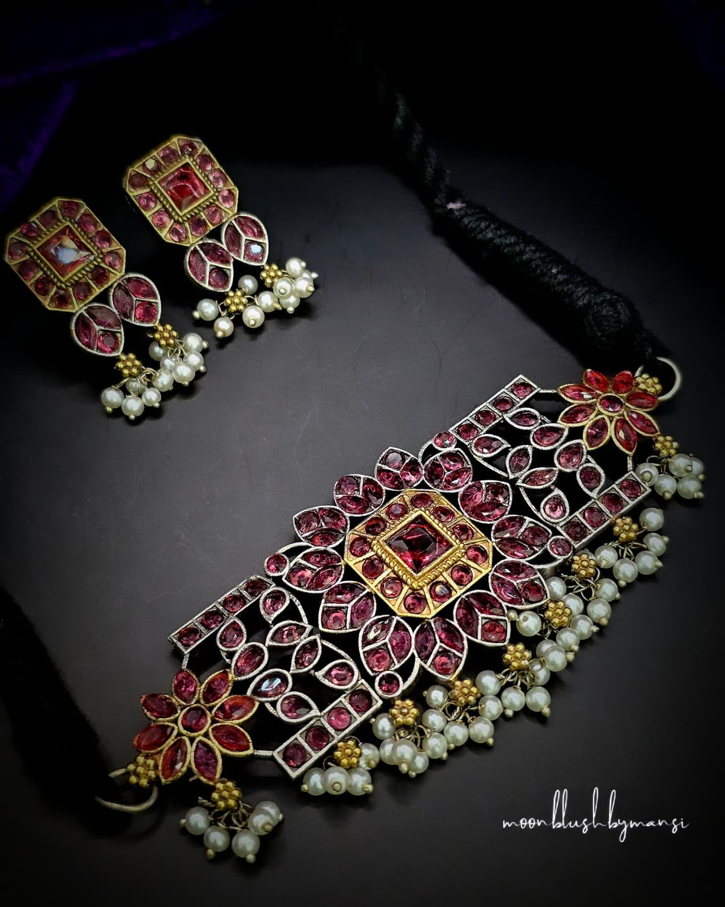 Handcrafted Silver Replica Choker Set: CZ, AD Stones & Pearls