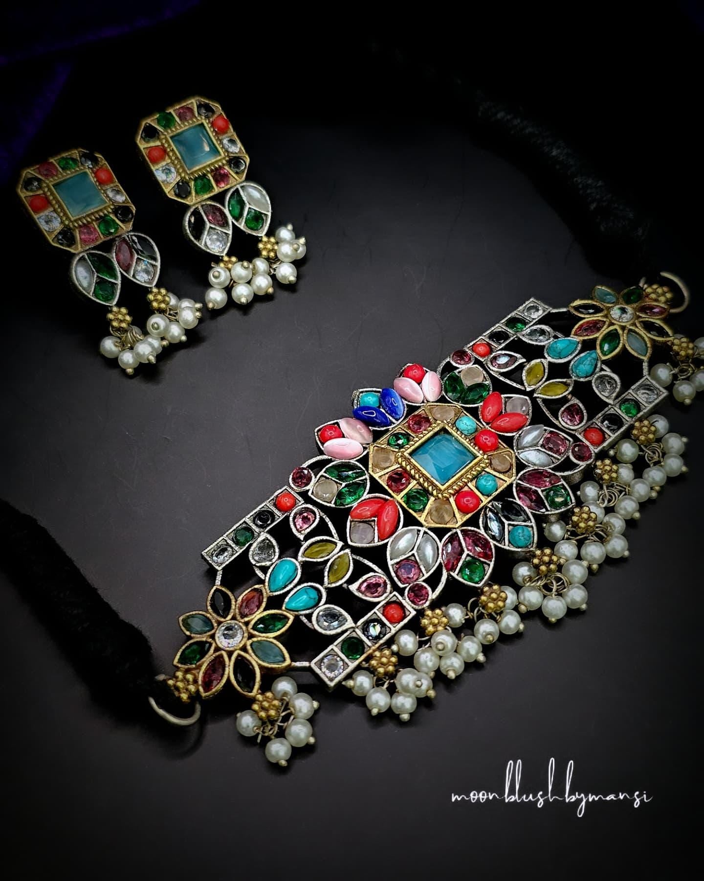 Handcrafted Silver Replica Choker Set: CZ, AD Stones & Pearls