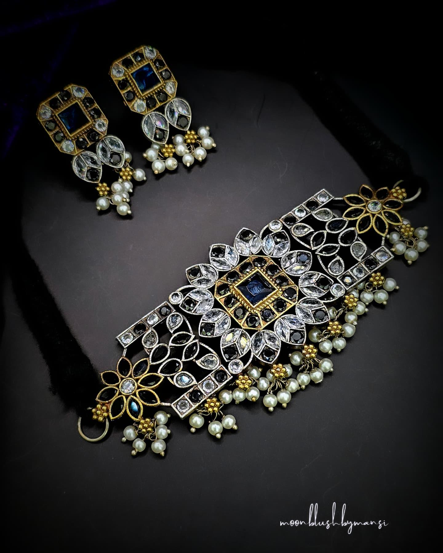 Handcrafted Silver Replica Choker Set: CZ, AD Stones & Pearls