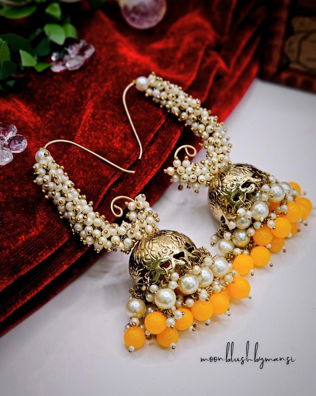 Handmade Brass Jhumka Earrings: Loreal Pearl & Colorful Beads