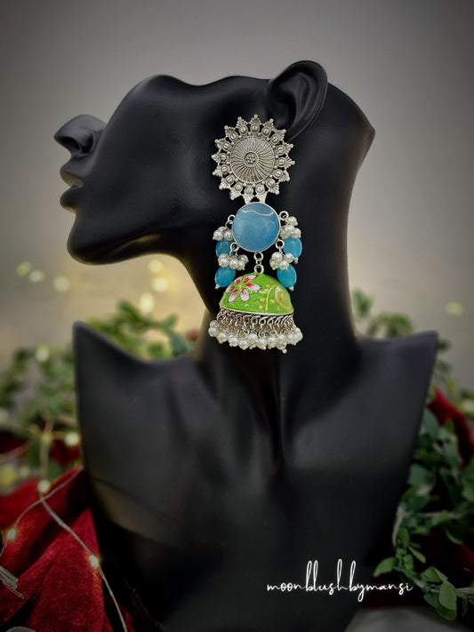 Meenakari Handmade Statement Jhumkas Collection Silver Replica made in brass with Pearls & Monalisa Stones