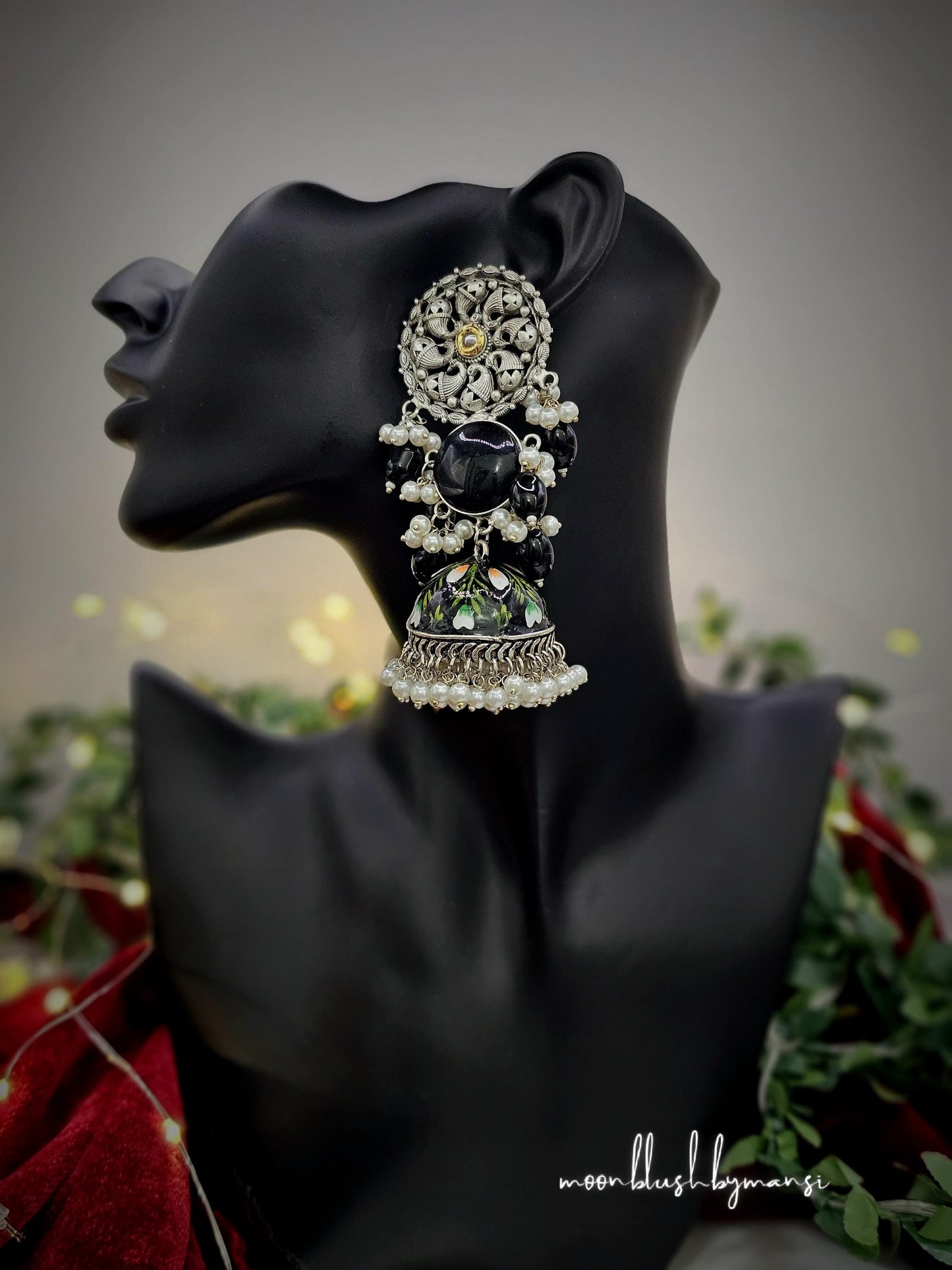 Meenakari Handmade Statement Jhumkas Collection Silver Replica made in brass with Pearls & Monalisa Stones