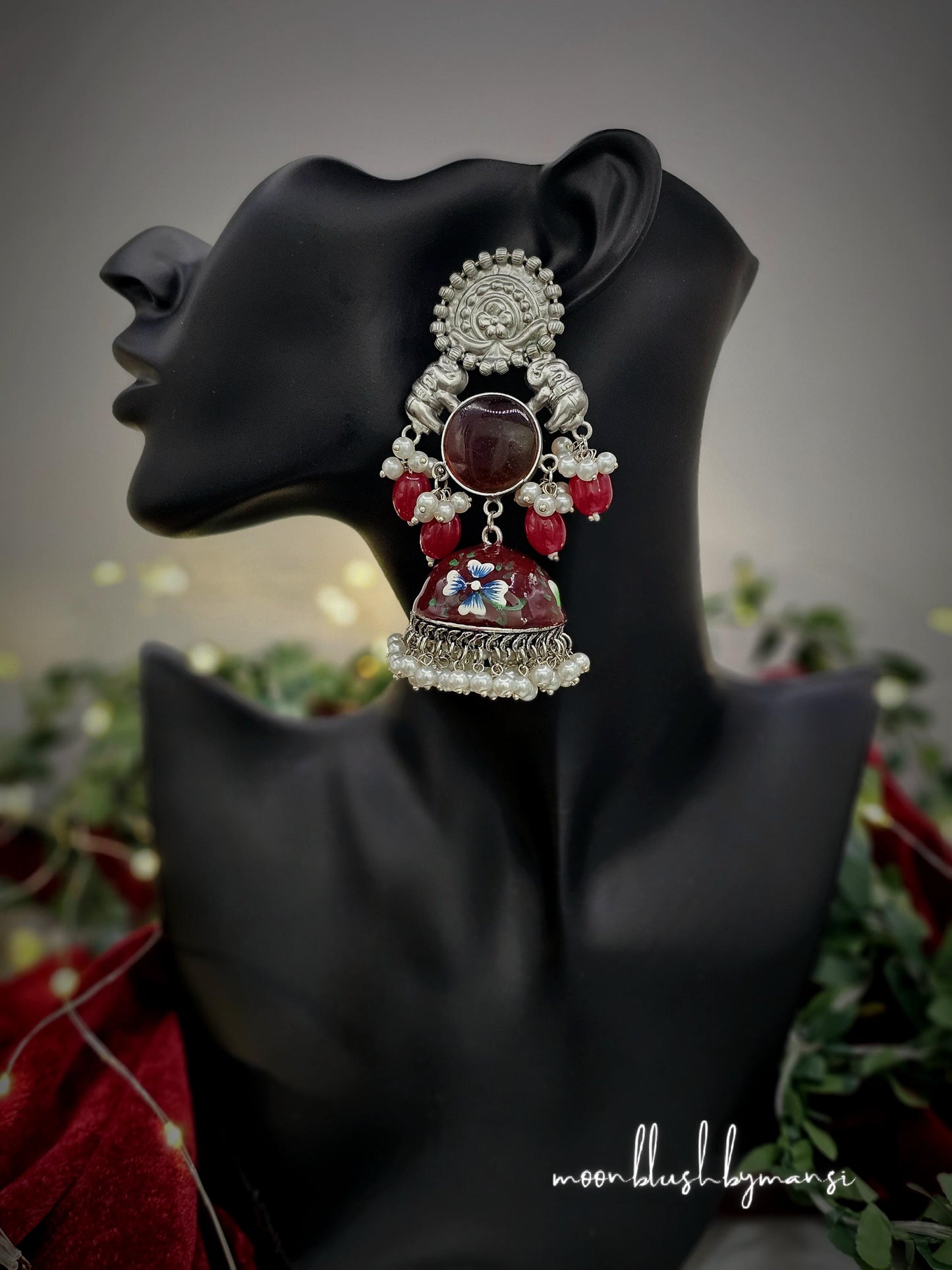 Meenakari Handmade Statement Jhumkas Collection Silver Replica made in brass with Pearls & Monalisa Stones