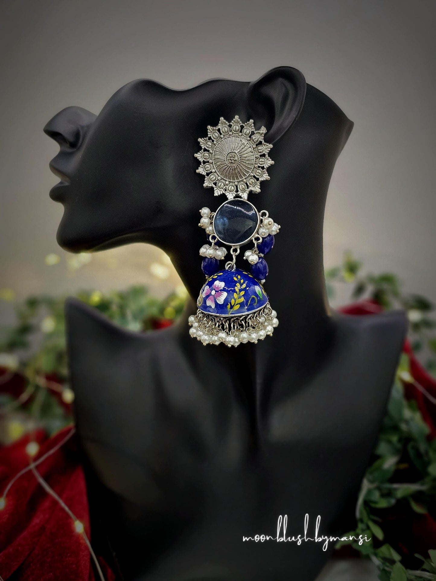 Meenakari Handmade Statement Jhumkas Collection Silver Replica made in brass with Pearls & Monalisa Stones