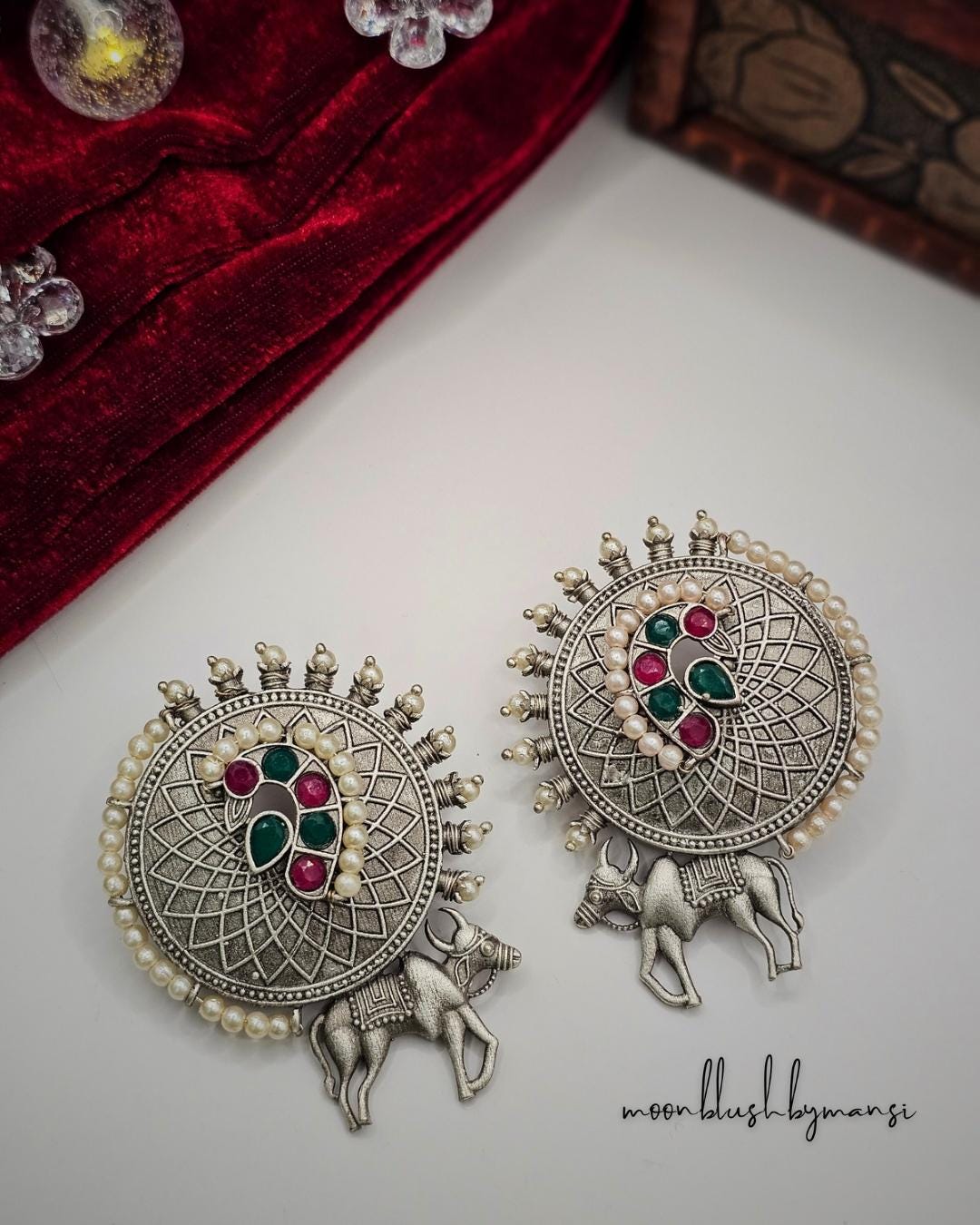 Handcrafted Brass Nandi Stud Earrings: Silver Replica with Pearls