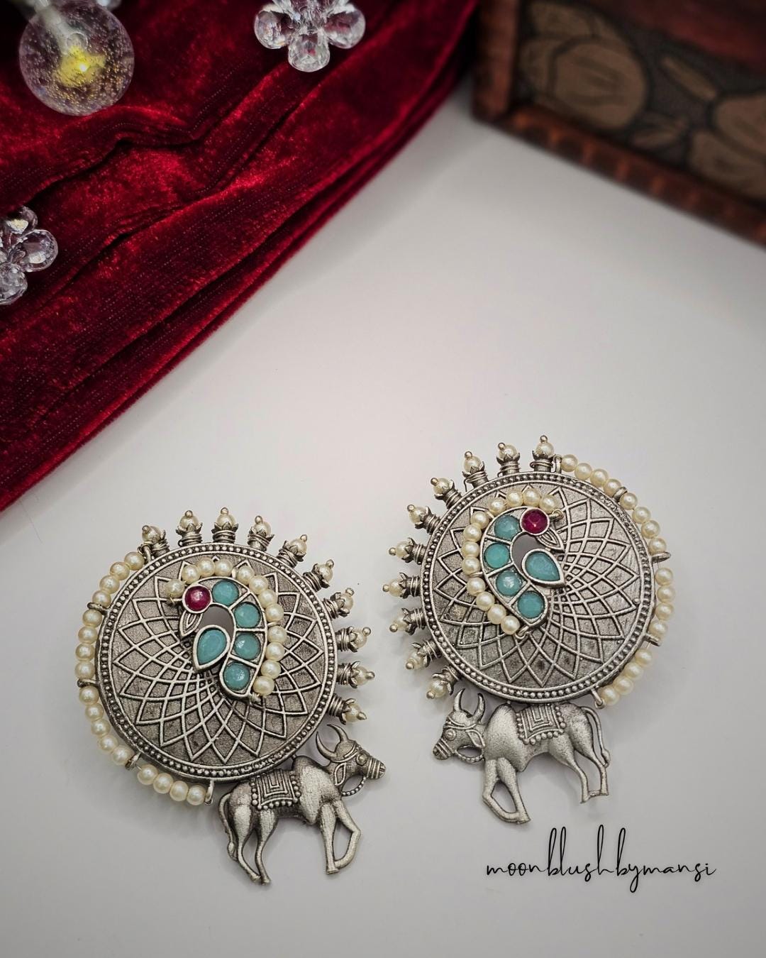 Handcrafted Brass Nandi Stud Earrings: Silver Replica with Pearls