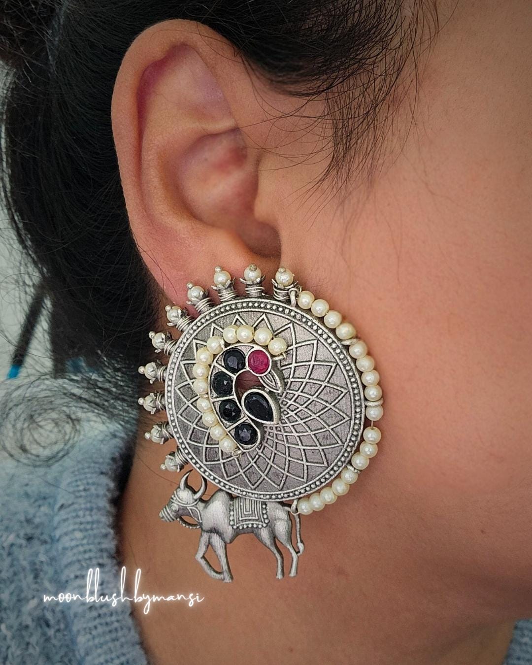 Handcrafted Brass Nandi Stud Earrings: Silver Replica with Pearls
