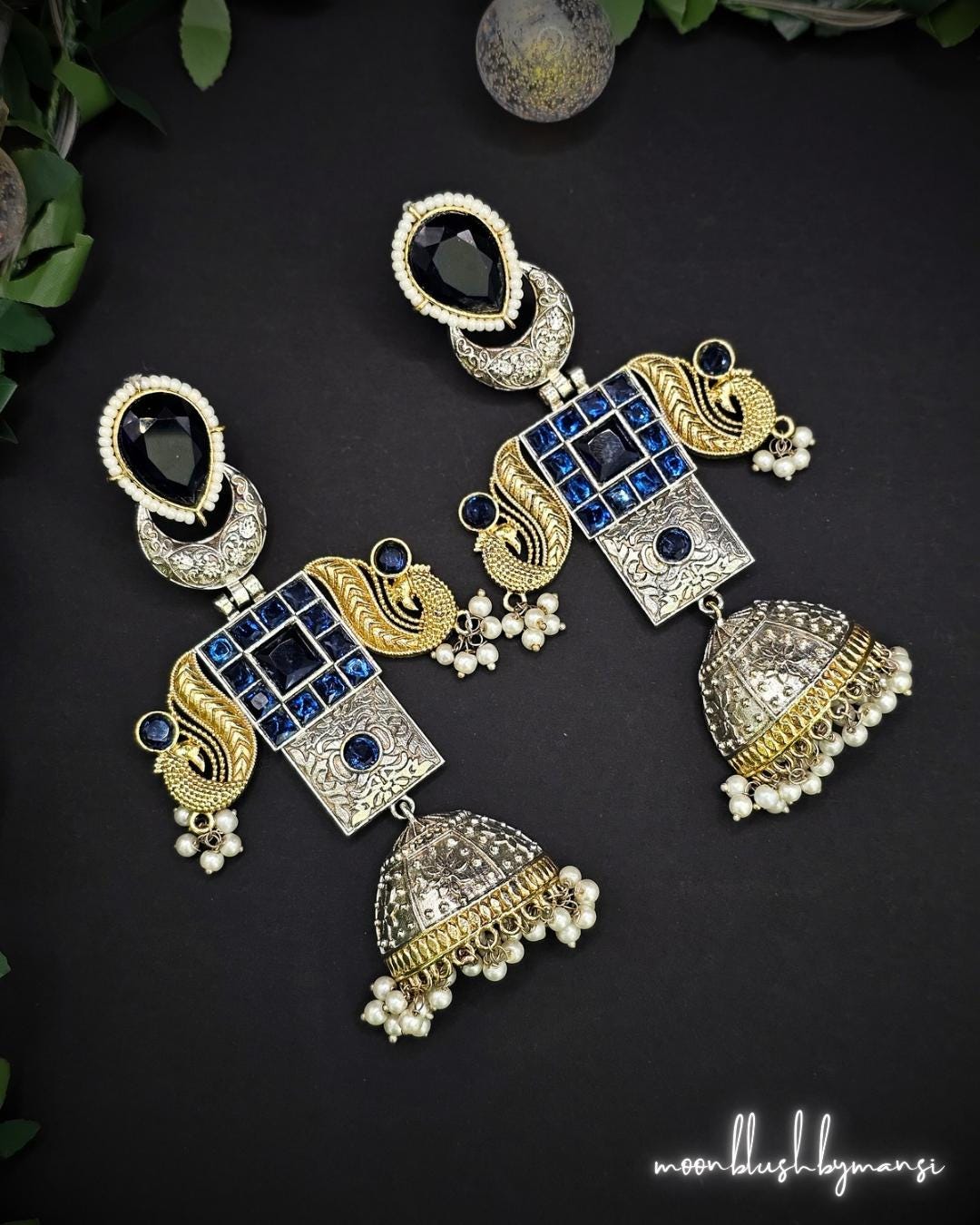 Handcrafted Brass Jhumka Earrings: Dual Tone Silver Replica with AD Stones & Pearls