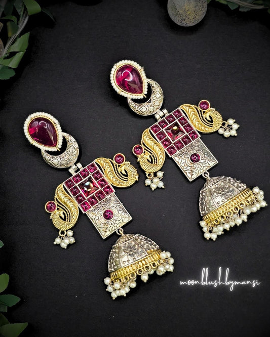 Handcrafted Brass Jhumka Earrings: Dual Tone Silver Replica with AD Stones & Pearls