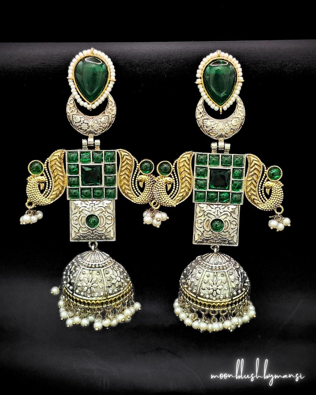 Handcrafted Brass Jhumka Earrings: Dual Tone Silver Replica with AD Stones & Pearls