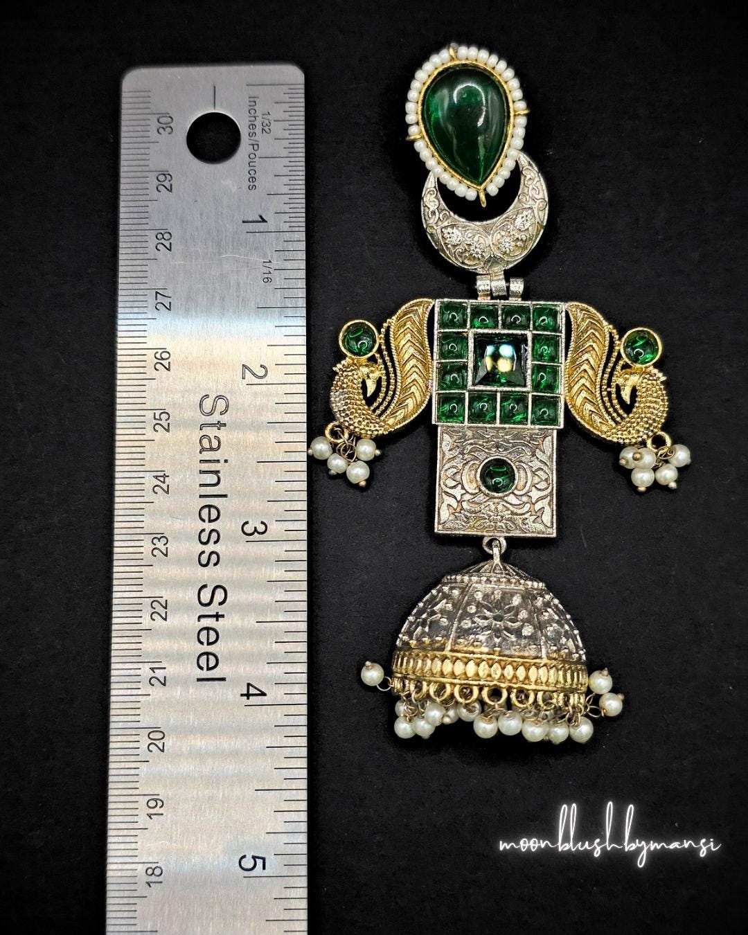 Handcrafted Brass Jhumka Earrings: Dual Tone Silver Replica with AD Stones & Pearls