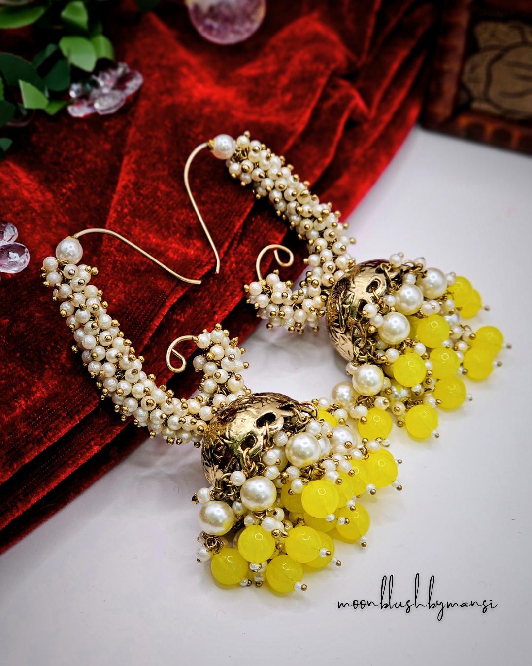 Handmade Brass Jhumka Earrings: Loreal Pearl & Colorful Beads