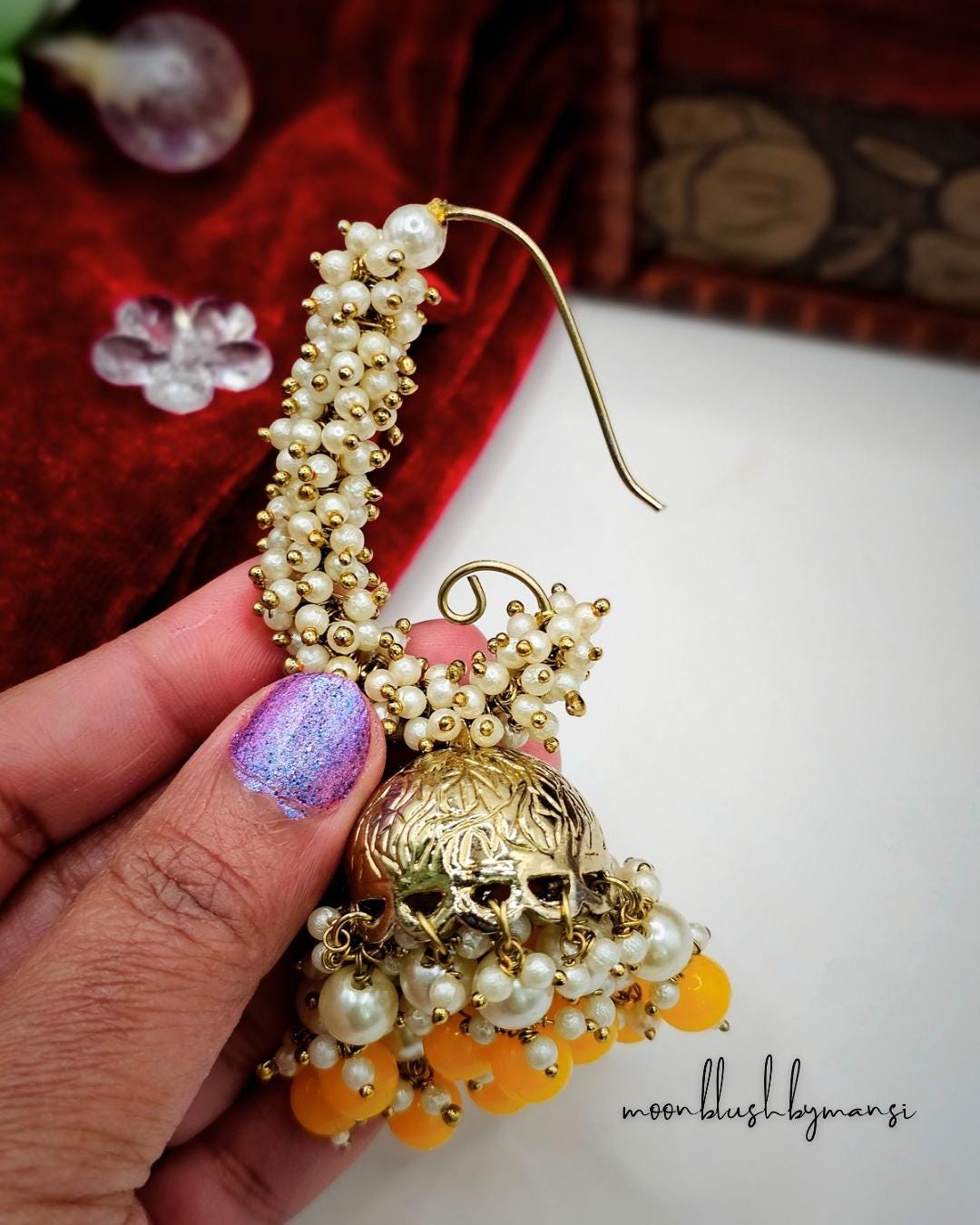 Handmade Brass Jhumka Earrings: Loreal Pearl & Colorful Beads