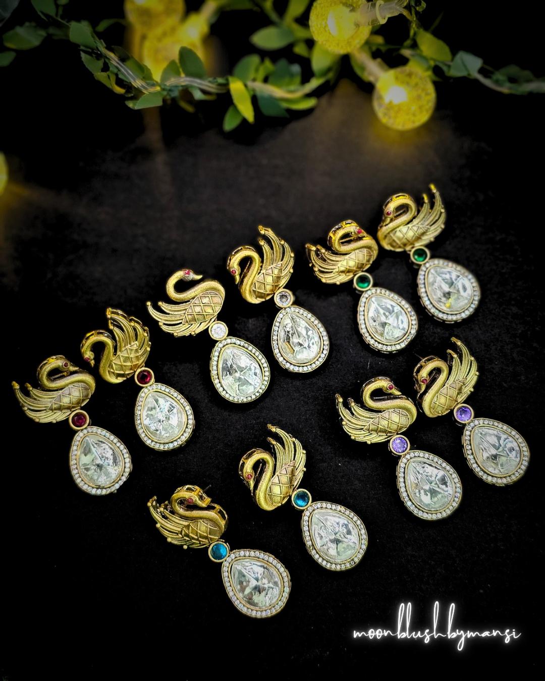 Handmade Brass Swan Drop Earrings: Victorian Style, Ad/Cz Stones