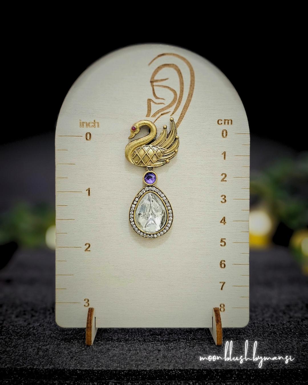 Handmade Brass Swan Drop Earrings: Victorian Style, Ad/Cz Stones