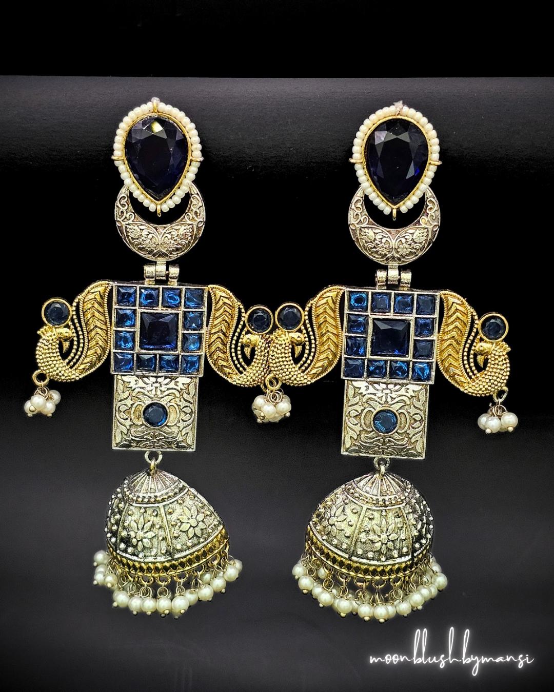 Handcrafted Brass Jhumka Earrings: Dual Tone Silver Replica with AD Stones & Pearls