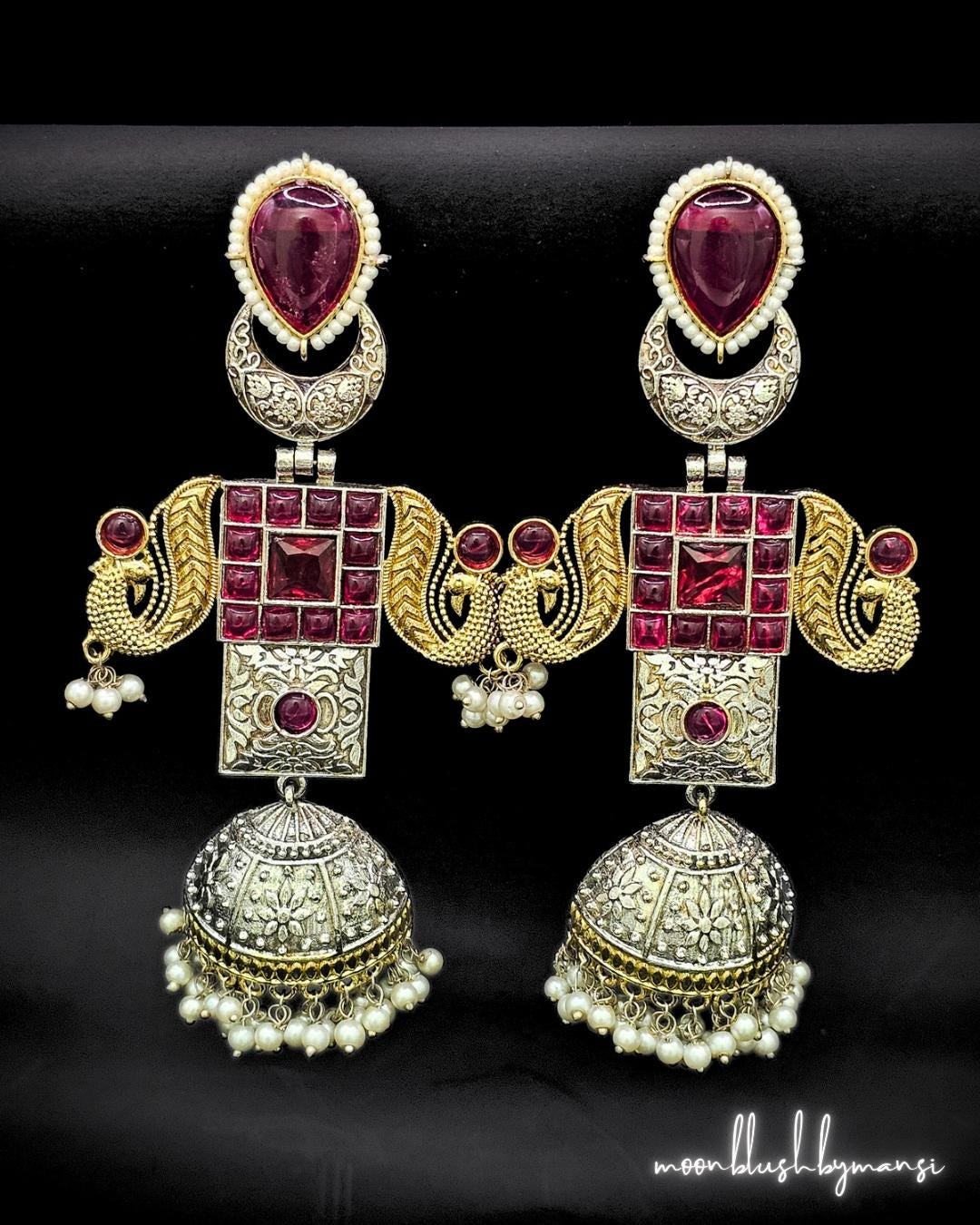 Handcrafted Brass Jhumka Earrings: Dual Tone Silver Replica with AD Stones & Pearls