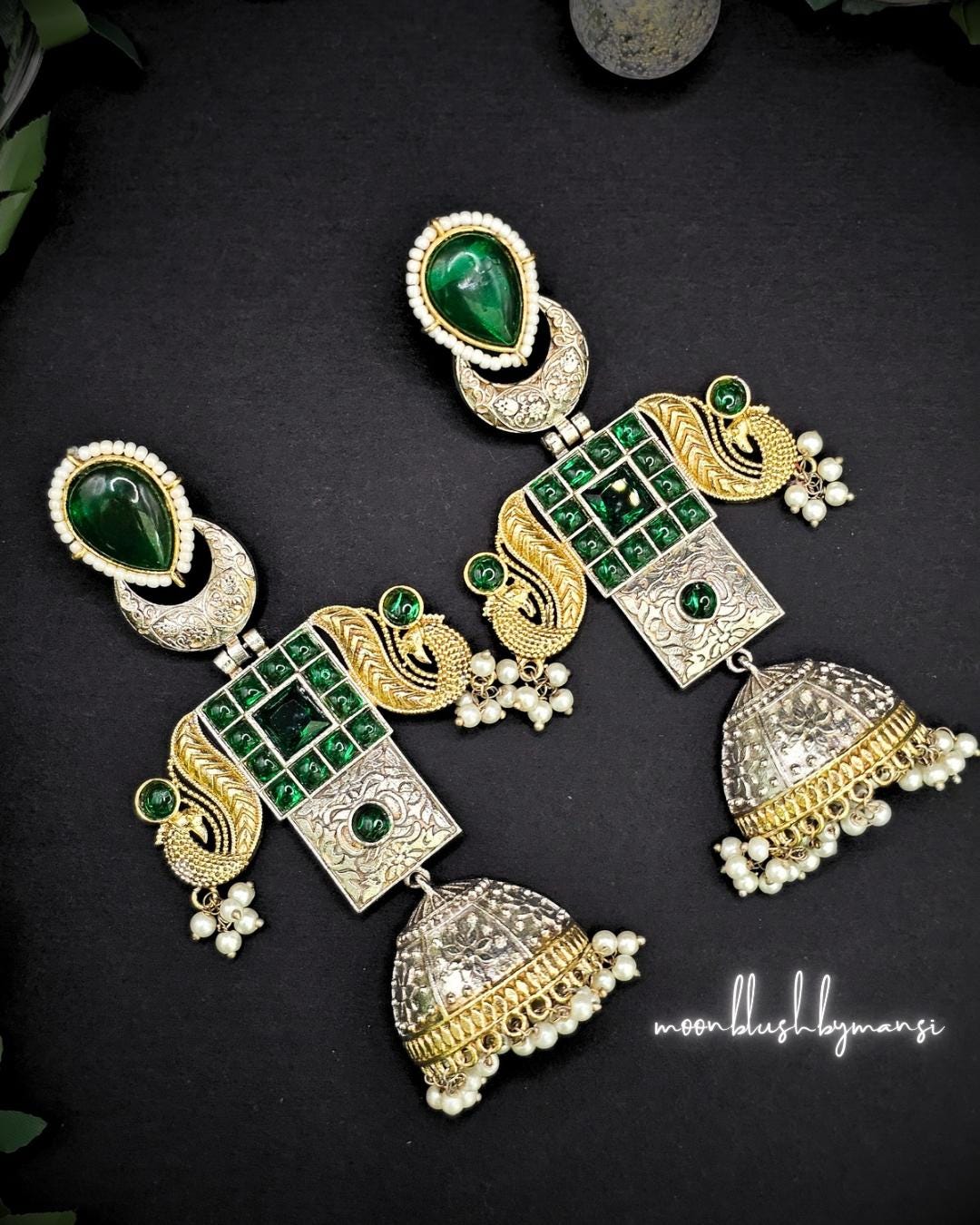 Handcrafted Brass Jhumka Earrings: Dual Tone Silver Replica with AD Stones & Pearls