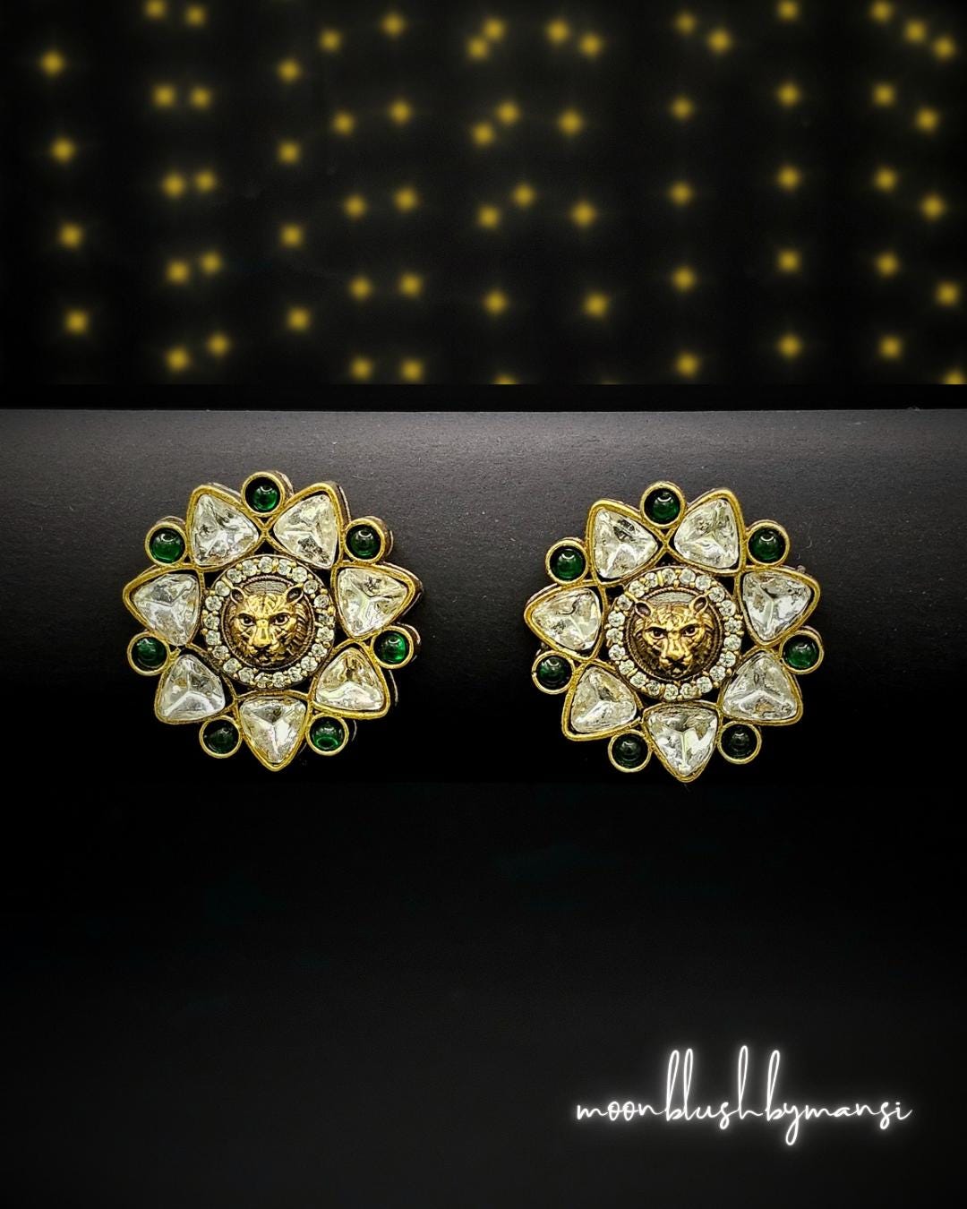 Lion Face Kundan Stud Earrings: Sabyasachi Inspired Bollywood Jewelry