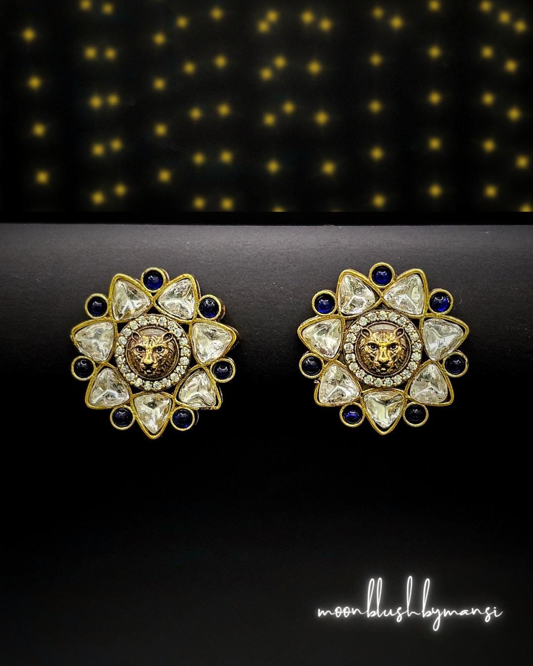 Lion Face Kundan Stud Earrings: Sabyasachi Inspired Bollywood Jewelry