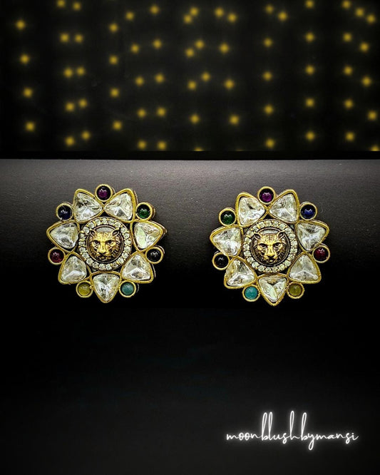 Lion Face Kundan Stud Earrings: Sabyasachi Inspired Bollywood Jewelry