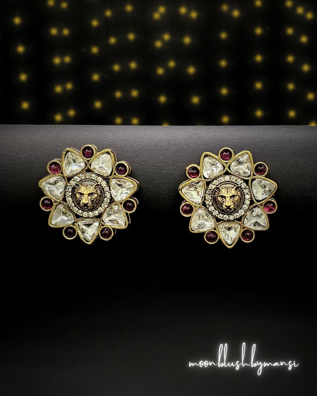 Lion Face Kundan Stud Earrings: Sabyasachi Inspired Bollywood Jewelry