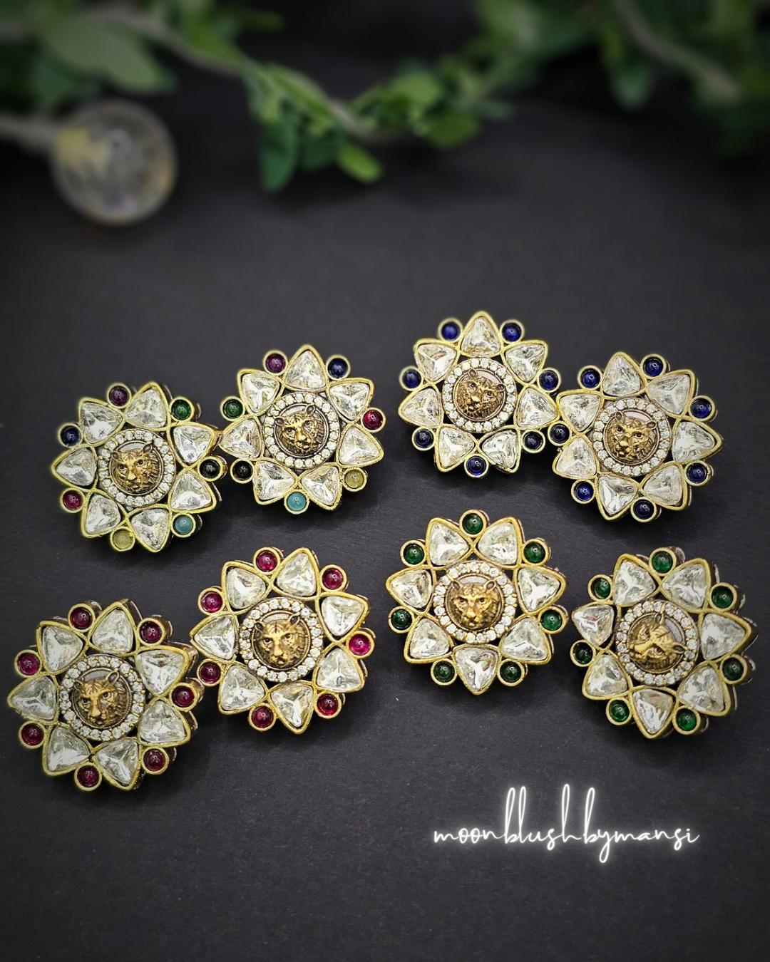Lion Face Kundan Stud Earrings: Sabyasachi Inspired Bollywood Jewelry