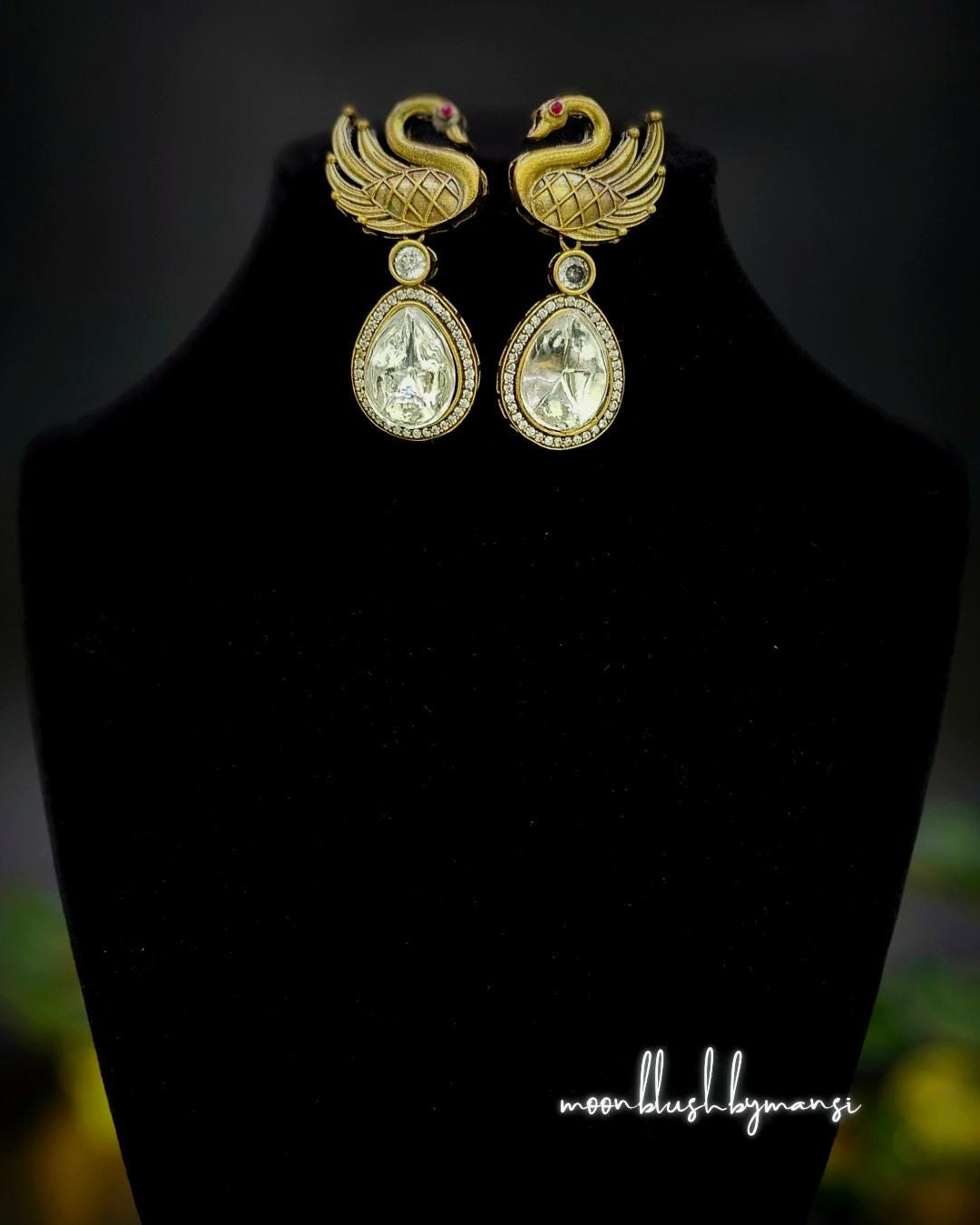 Handmade Brass Swan Drop Earrings: Victorian Style, Ad/Cz Stones