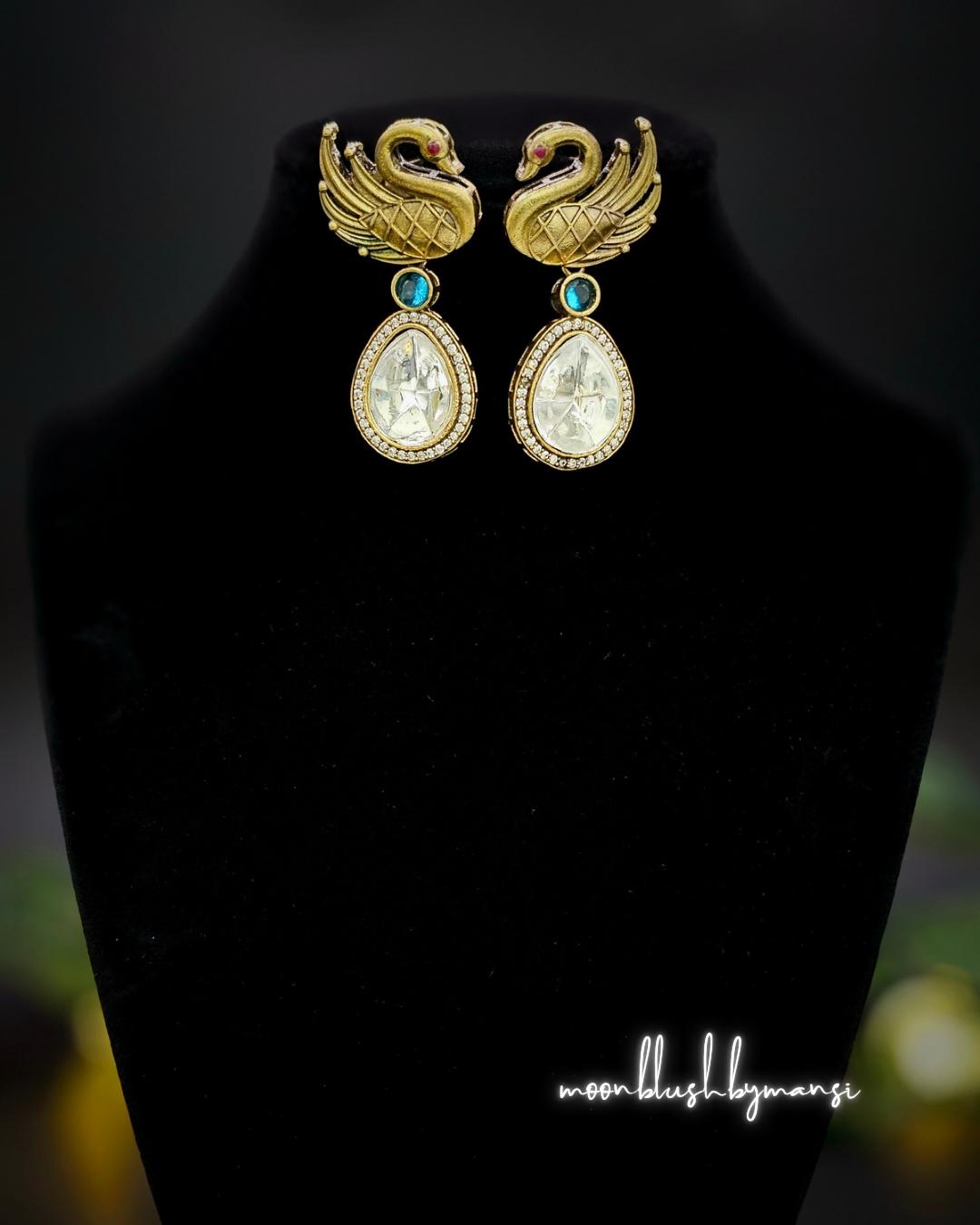 Handmade Brass Swan Drop Earrings: Victorian Style, Ad/Cz Stones