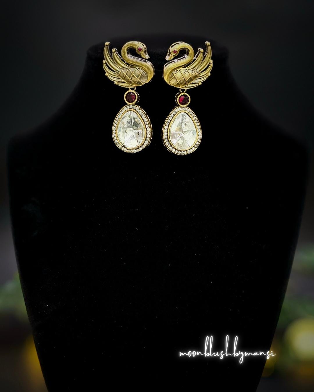 Handmade Brass Swan Drop Earrings: Victorian Style, Ad/Cz Stones