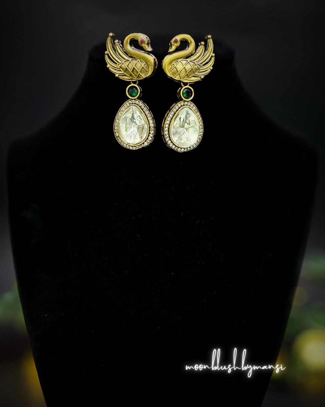 Handmade Brass Swan Drop Earrings: Victorian Style, Ad/Cz Stones