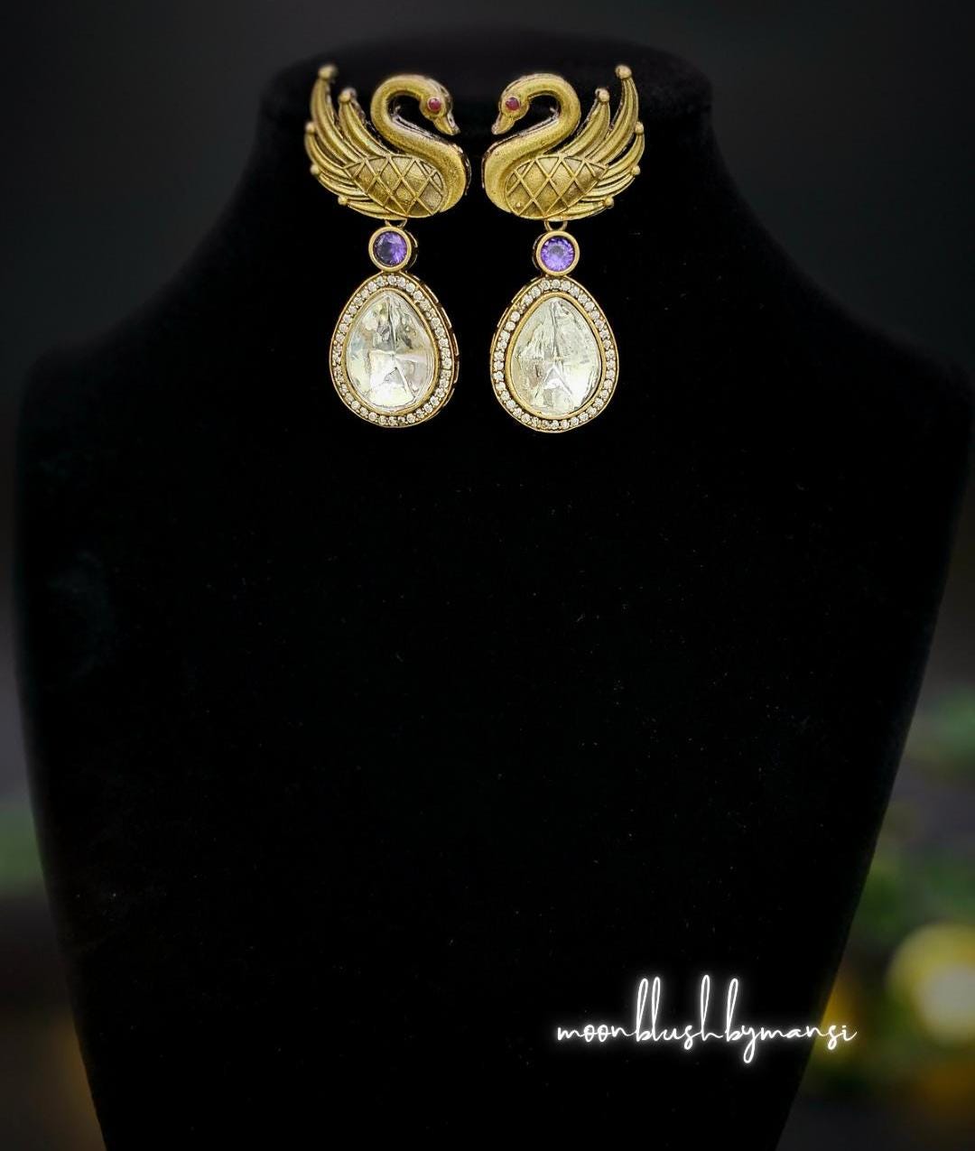 Handmade Brass Swan Drop Earrings: Victorian Style, Ad/Cz Stones