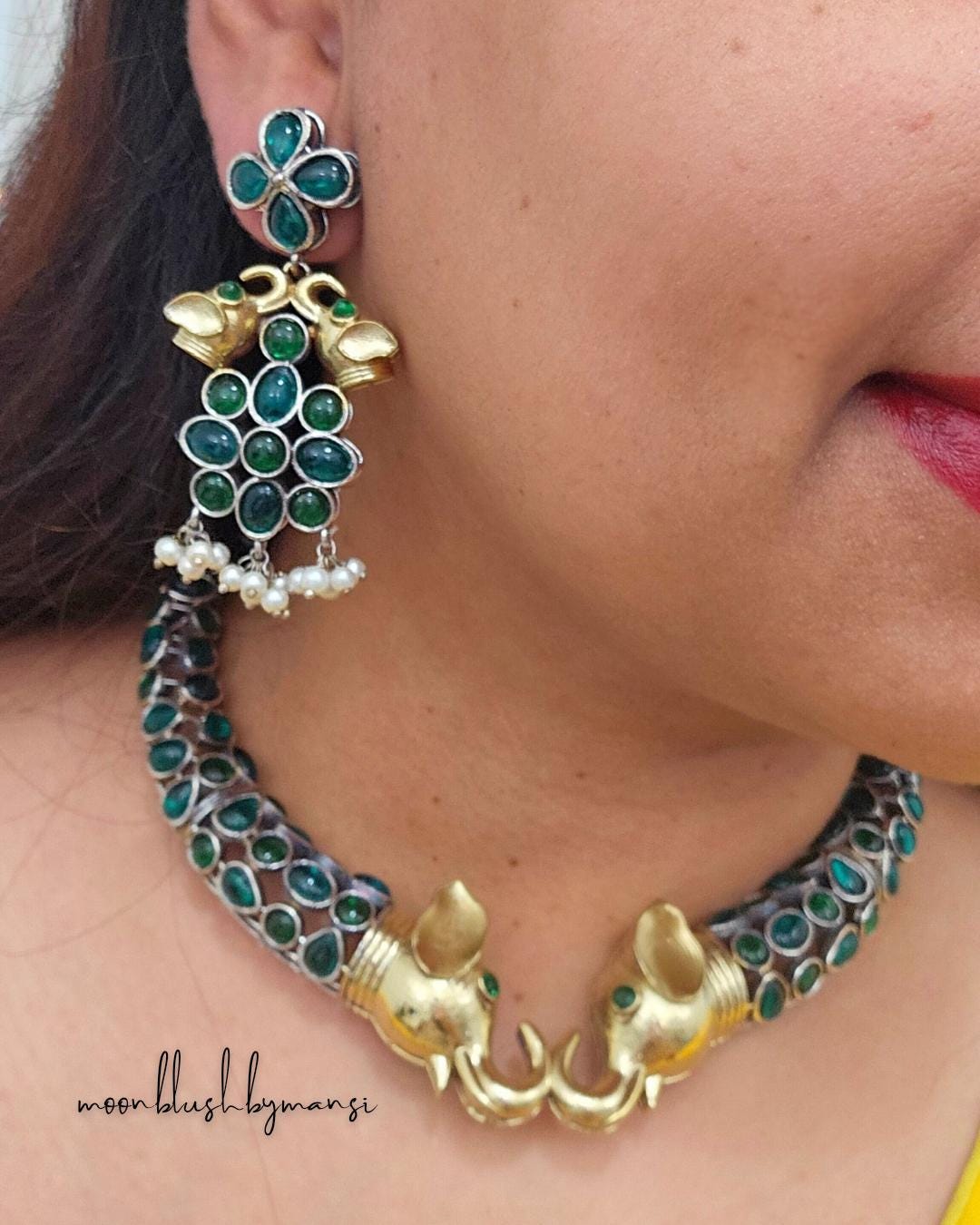 Elephant Choker Necklace: Rajasthani Hasli Set, Silver Replica