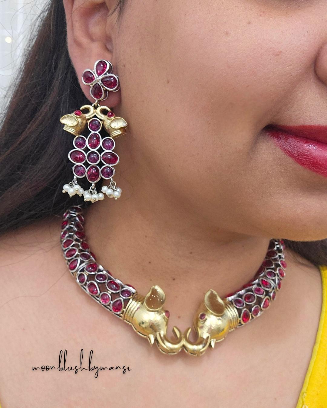 Elephant Choker Necklace: Rajasthani Hasli Set, Silver Replica