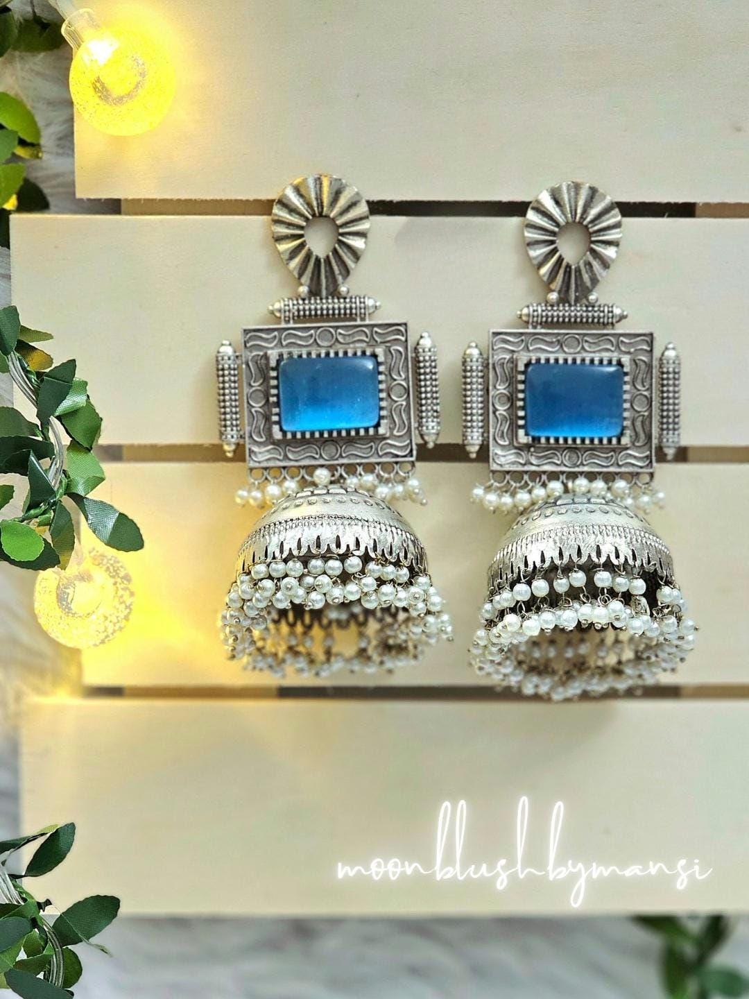 Silver Tone Jhumka Earrings: Blue Monalisa Stone & Rice Pearl Brass Jhumkas