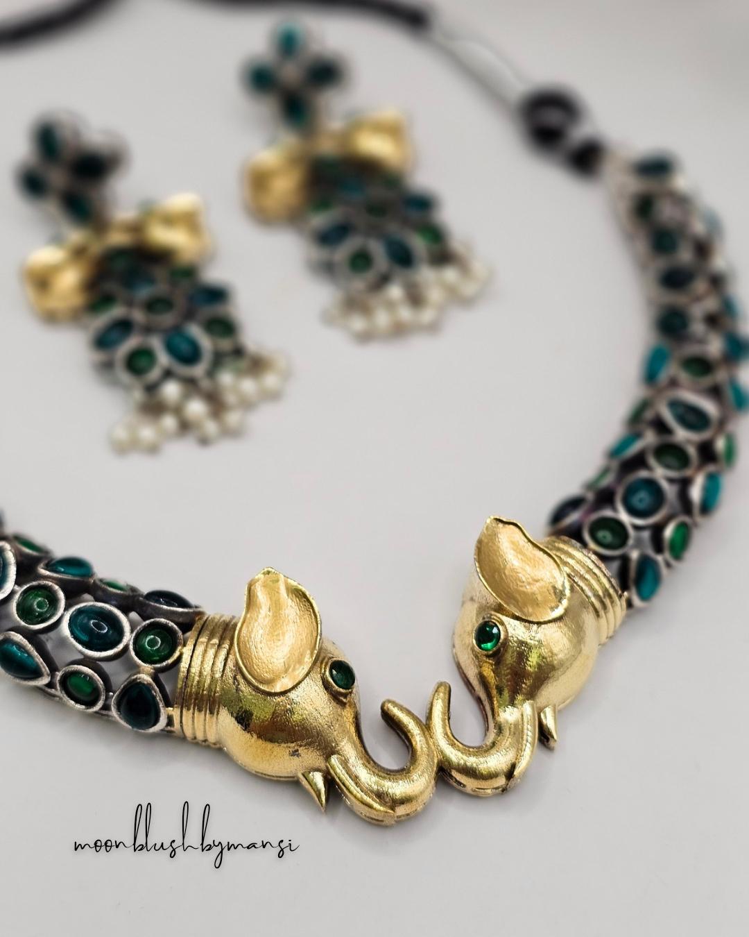 Elephant Choker Necklace: Rajasthani Hasli Set, Silver Replica