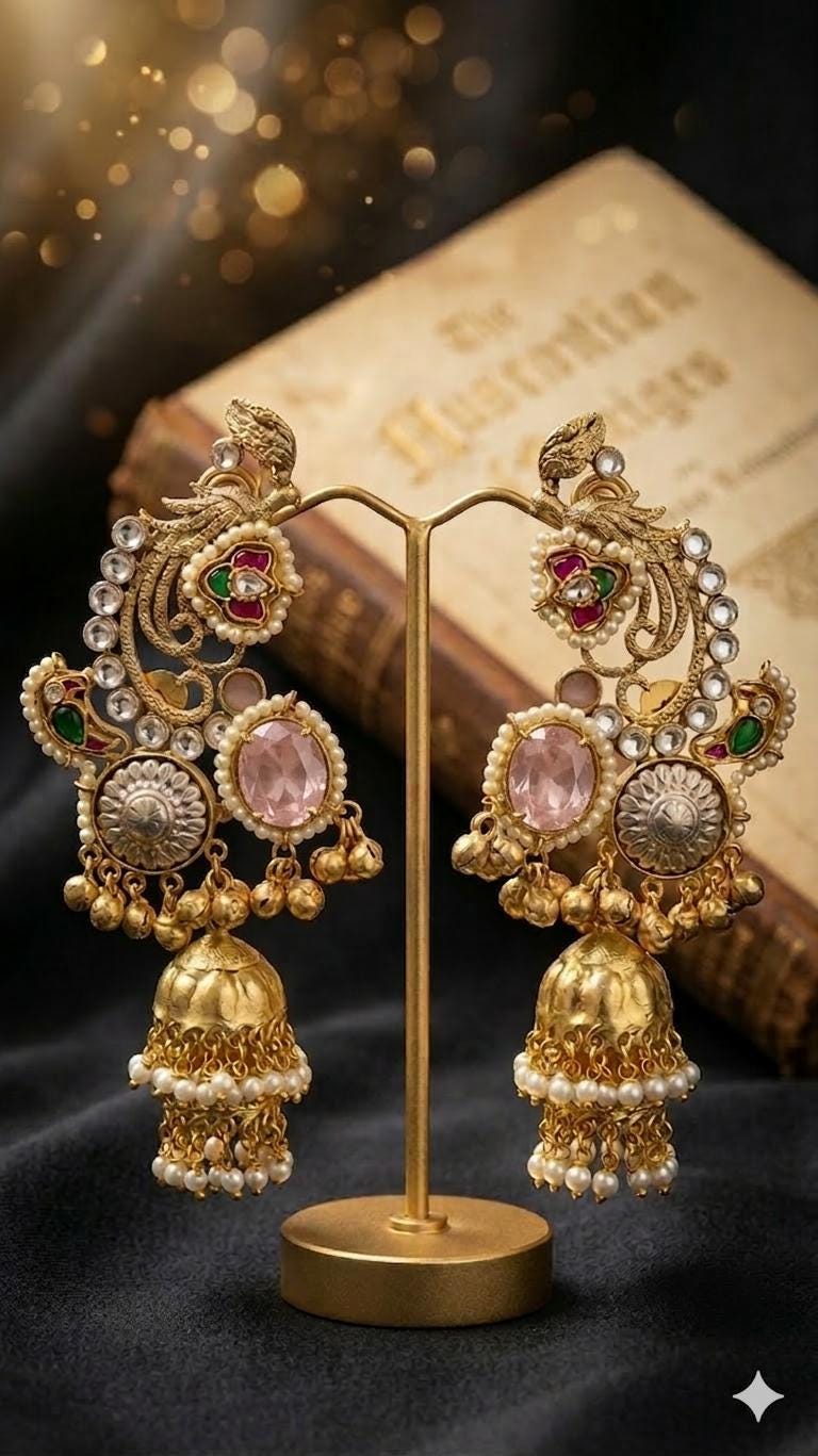 Golden Brass Pachi Kundan Earcuffs, Statement Kaanphool Earrings, Traditional Indian Bridal Jewelry