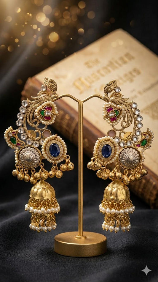 Golden Brass Pachi Kundan Earcuffs, Statement Kaanphool Earrings, Traditional Indian Bridal Jewelry