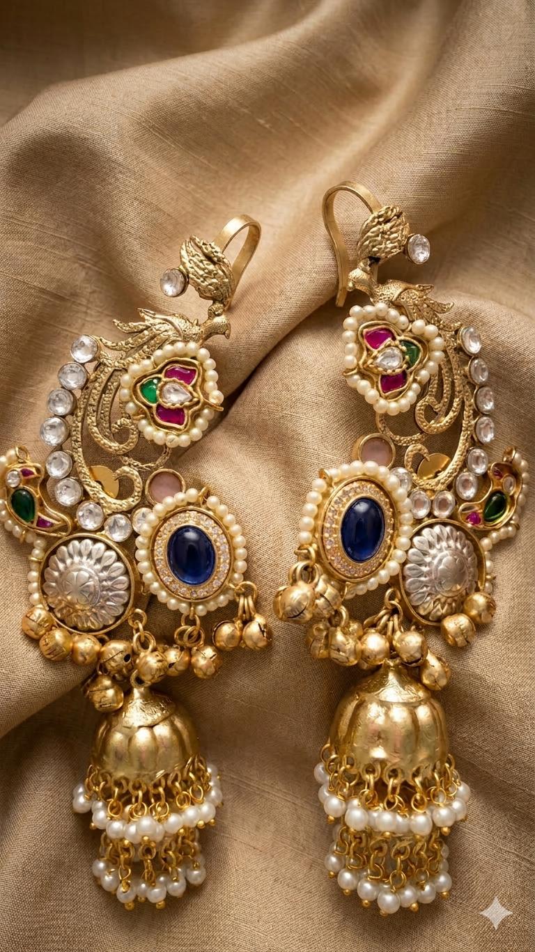 Golden Brass Pachi Kundan Earcuffs, Statement Kaanphool Earrings, Traditional Indian Bridal Jewelry