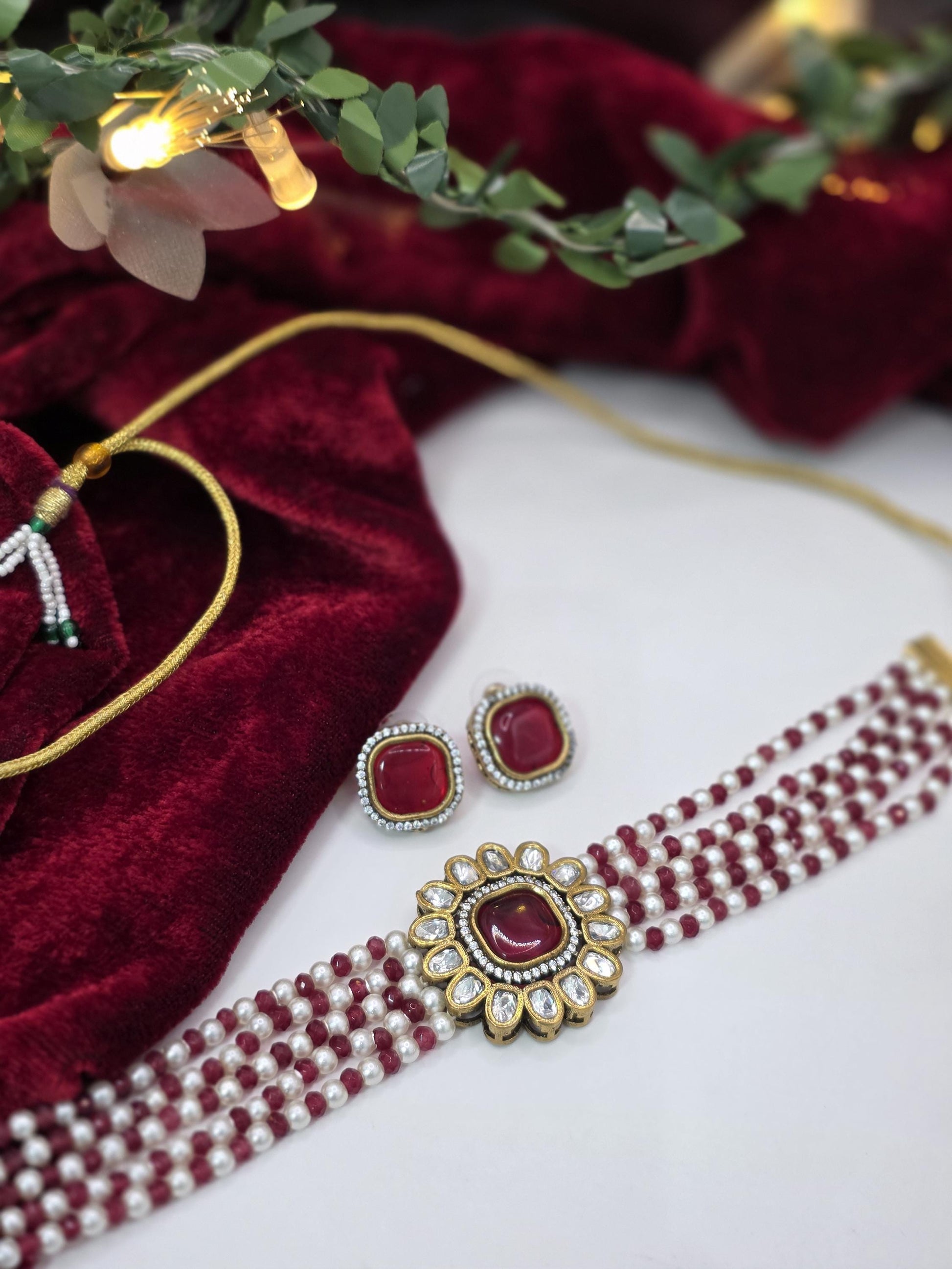 Beautiful Pearls & Beads Choker Set in Antique gold-plated with Moissanite Stones and Nano settings in AD|CZ