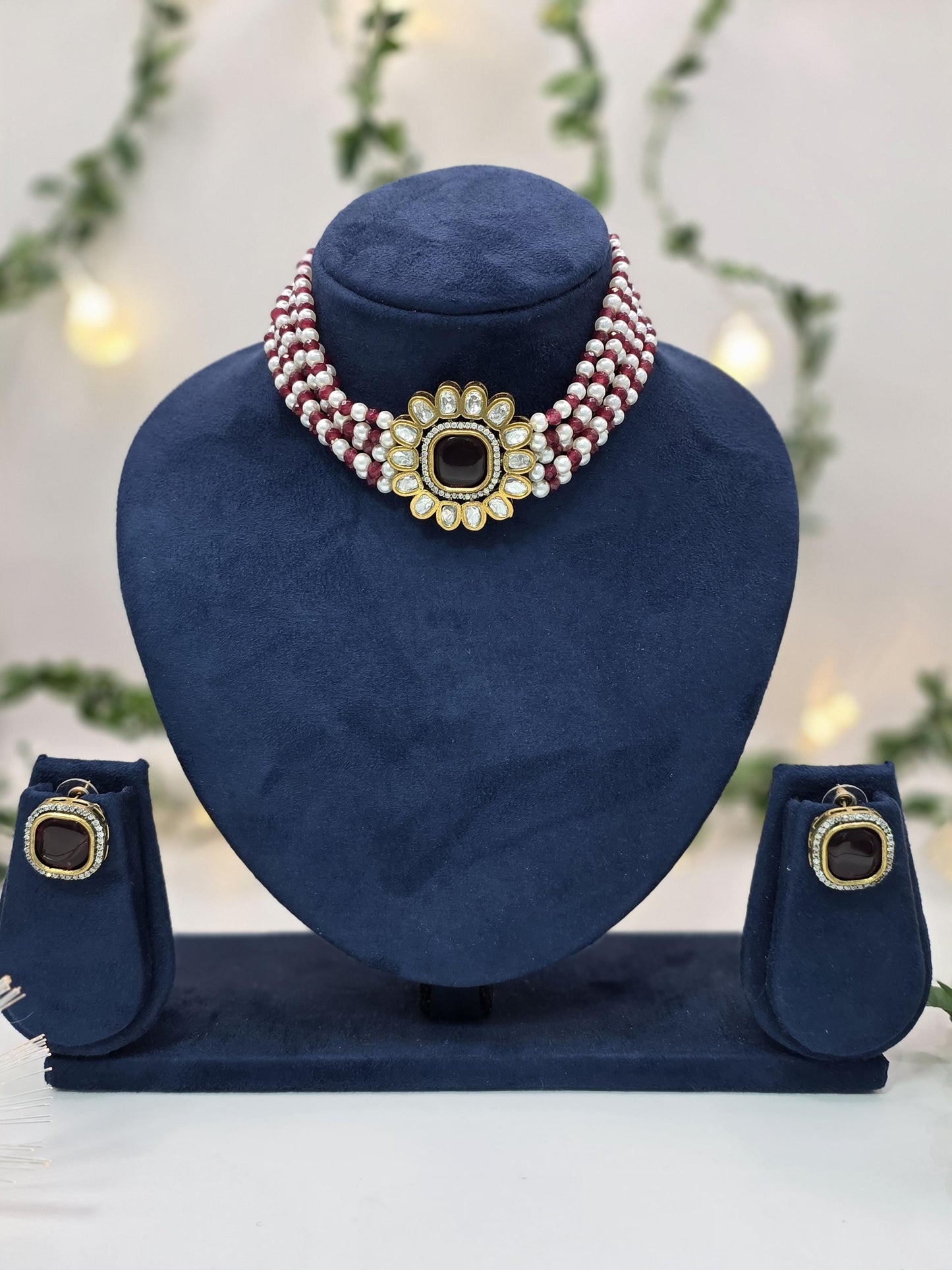 Beautiful Pearls & Beads Choker Set in Antique gold-plated with Moissanite Stones and Nano settings in AD|CZ
