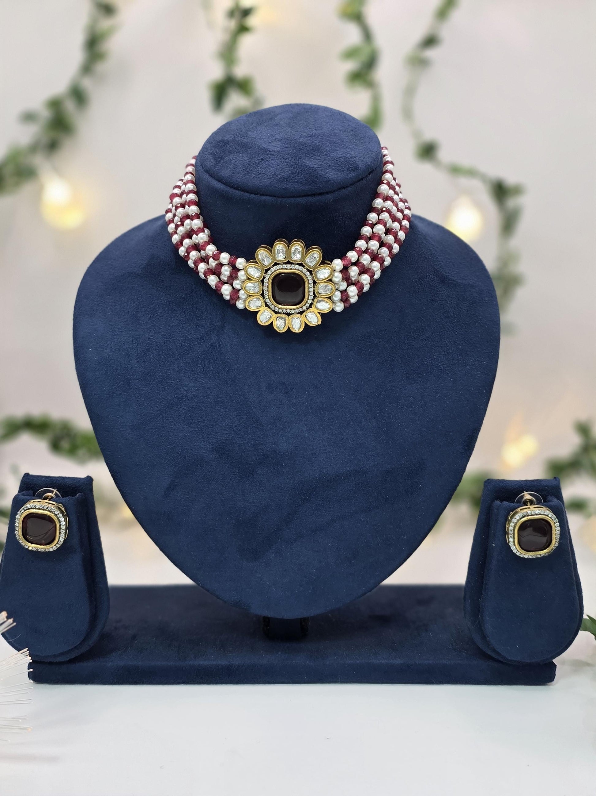 Beautiful Pearls & Beads Choker Set in Antique gold-plated with Moissanite Stones and Nano settings in AD|CZ