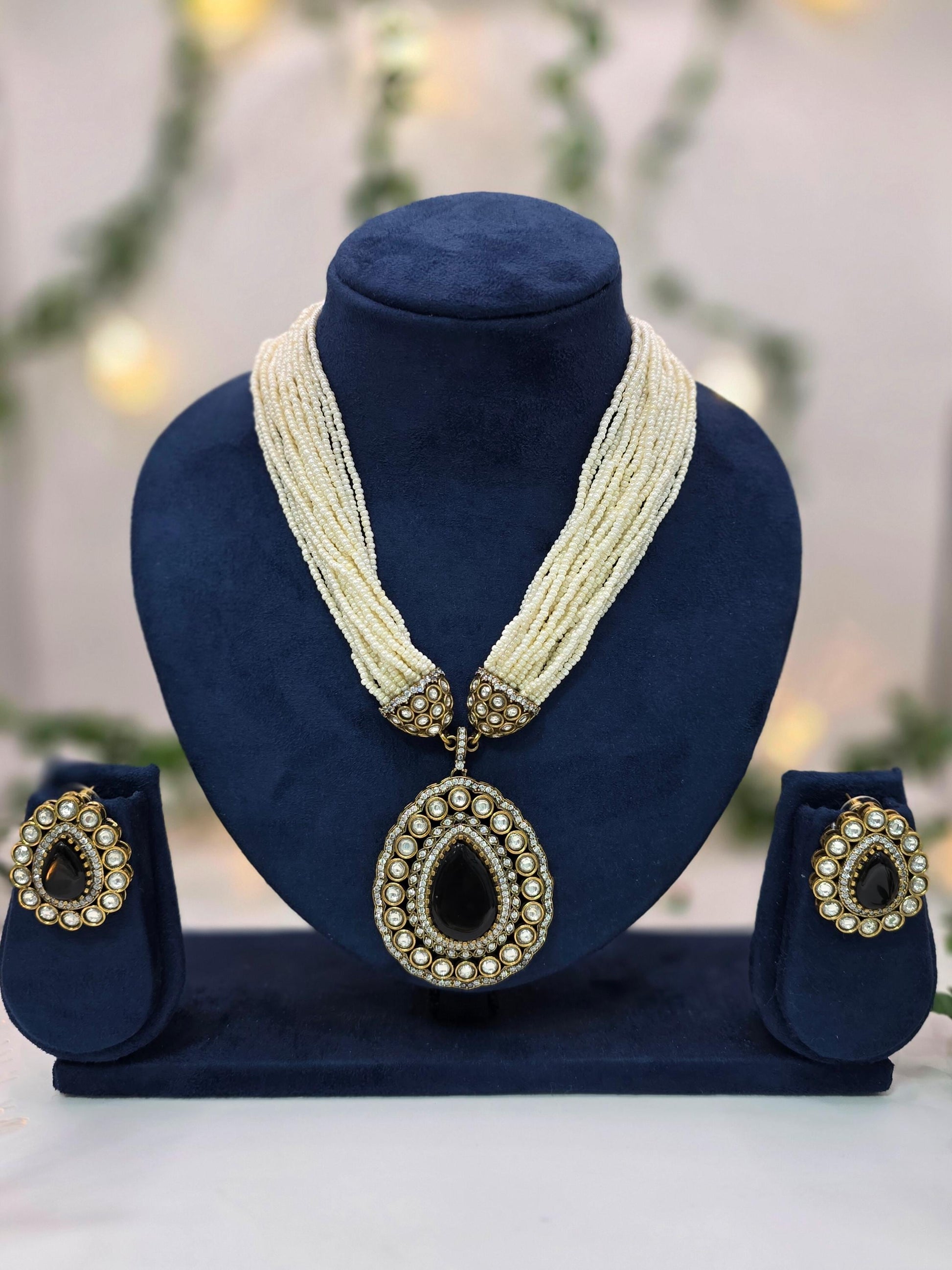 Statement Pearl Layered Necklace with Moissanite Stones | Traditional Wedding Jewelry in Antique gold brass with AD CZ nano settings