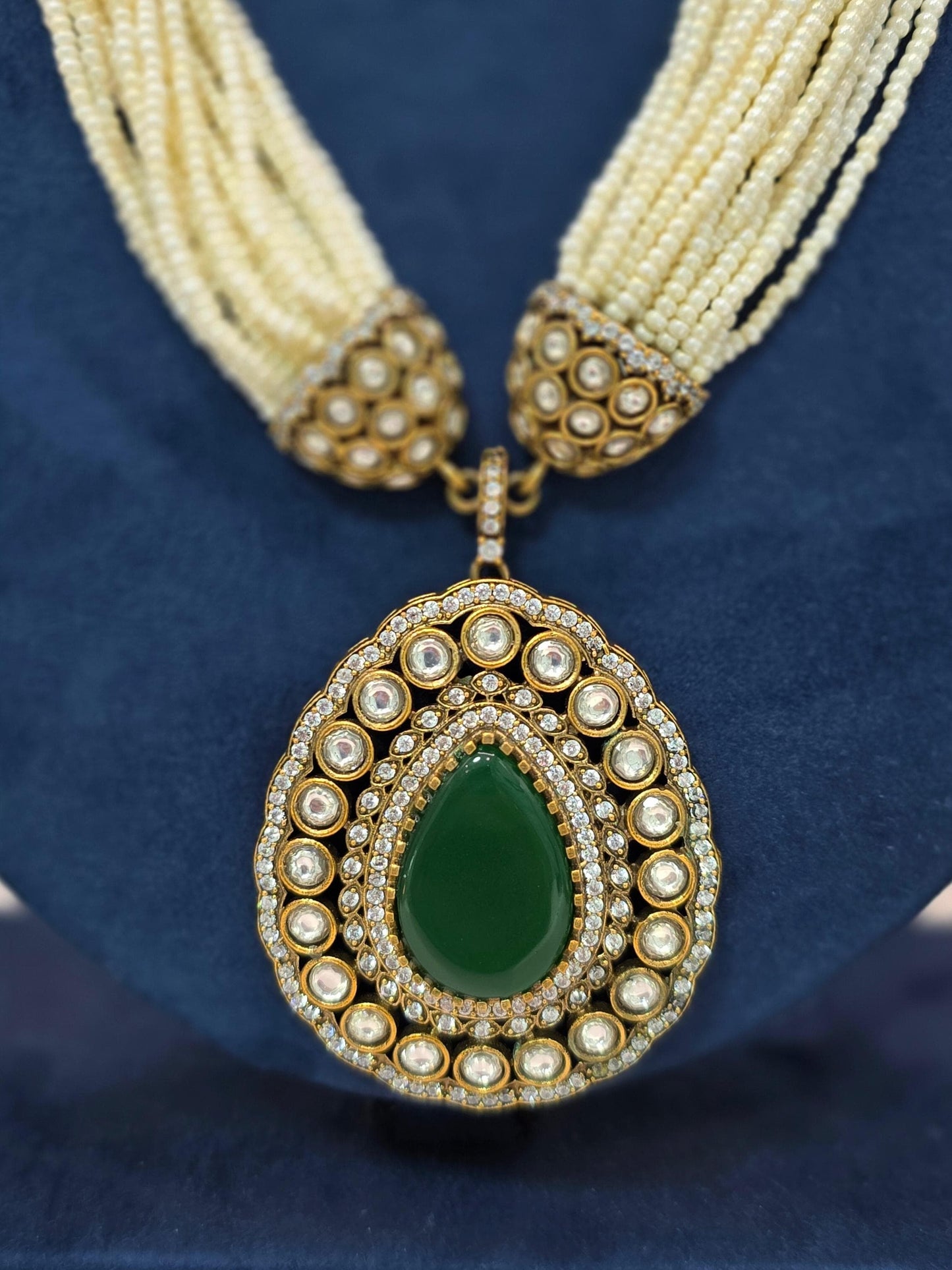 Statement Pearl Layered Necklace with Moissanite Stones | Traditional Wedding Jewelry in Antique gold brass with AD CZ nano settings