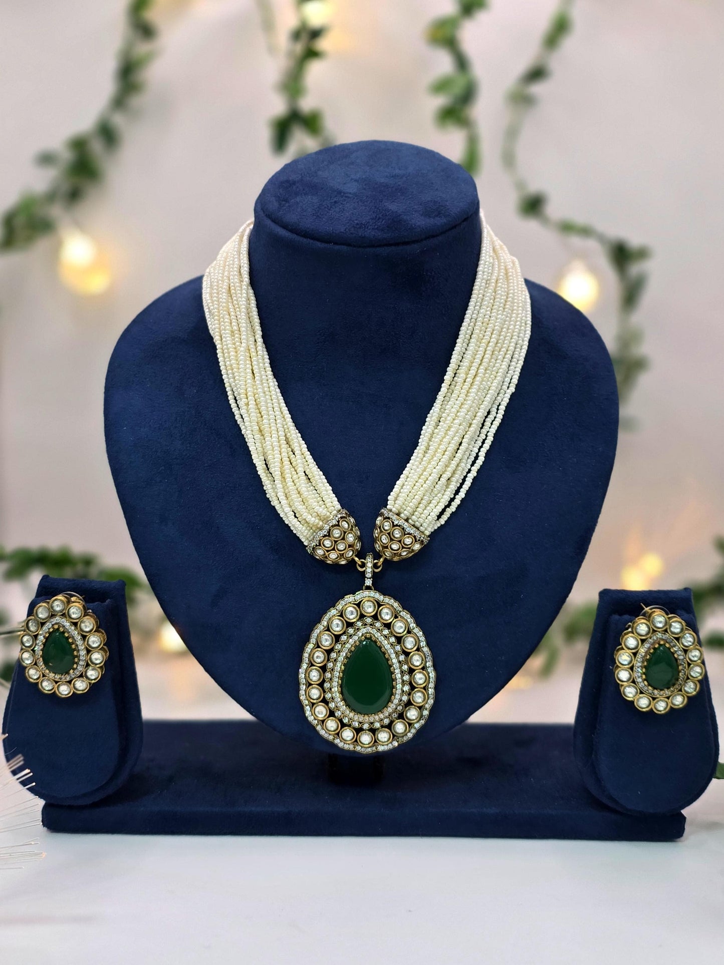 Statement Pearl Layered Necklace with Moissanite Stones | Traditional Wedding Jewelry in Antique gold brass with AD CZ nano settings