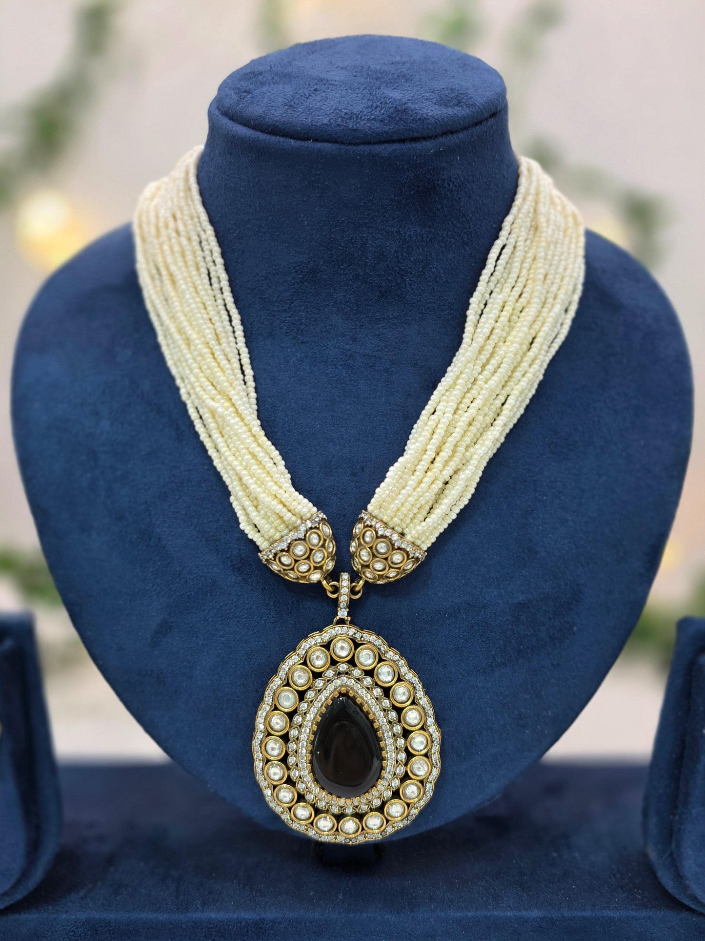 Statement Pearl Layered Necklace with Moissanite Stones | Traditional Wedding Jewelry in Antique gold brass with AD CZ nano settings
