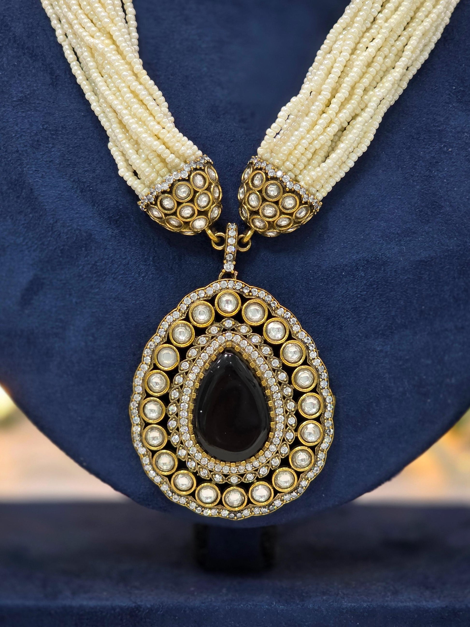 Statement Pearl Layered Necklace with Moissanite Stones | Traditional Wedding Jewelry in Antique gold brass with AD CZ nano settings