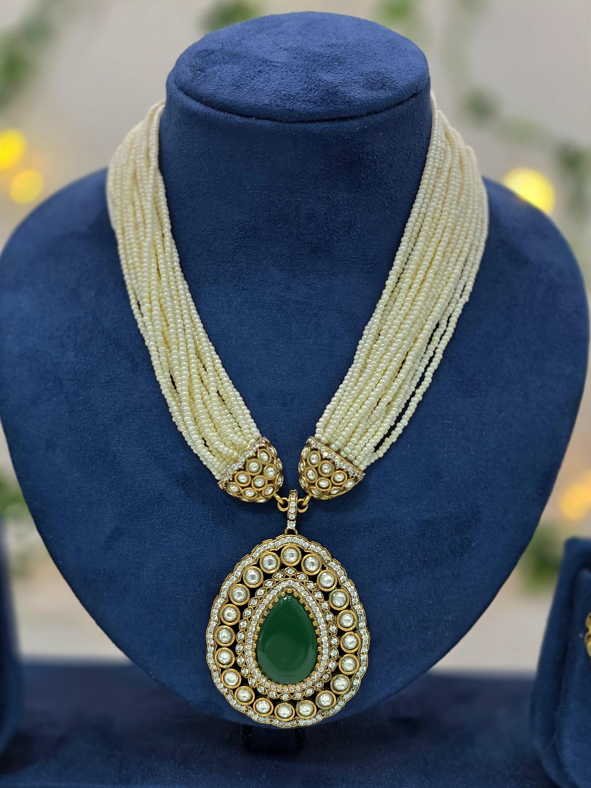 Statement Pearl Layered Necklace with Moissanite Stones | Traditional Wedding Jewelry in Antique gold brass with AD CZ nano settings